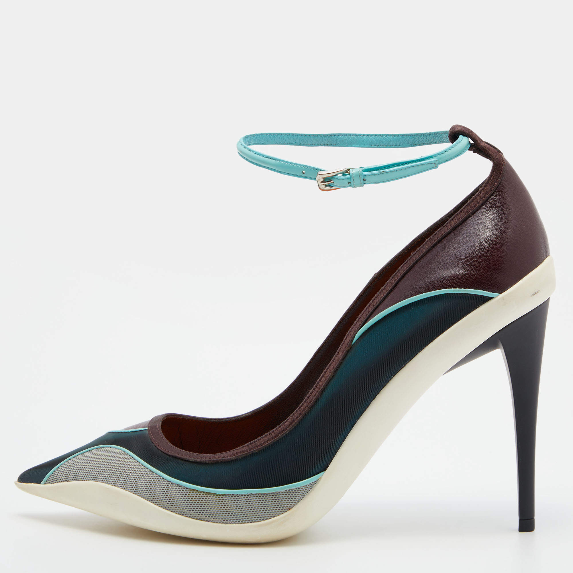 Pre Owned Dior Multicolor Knit Fabric, Leather and Satin Pointed Toe Ankle Strap Pumps Size 39
