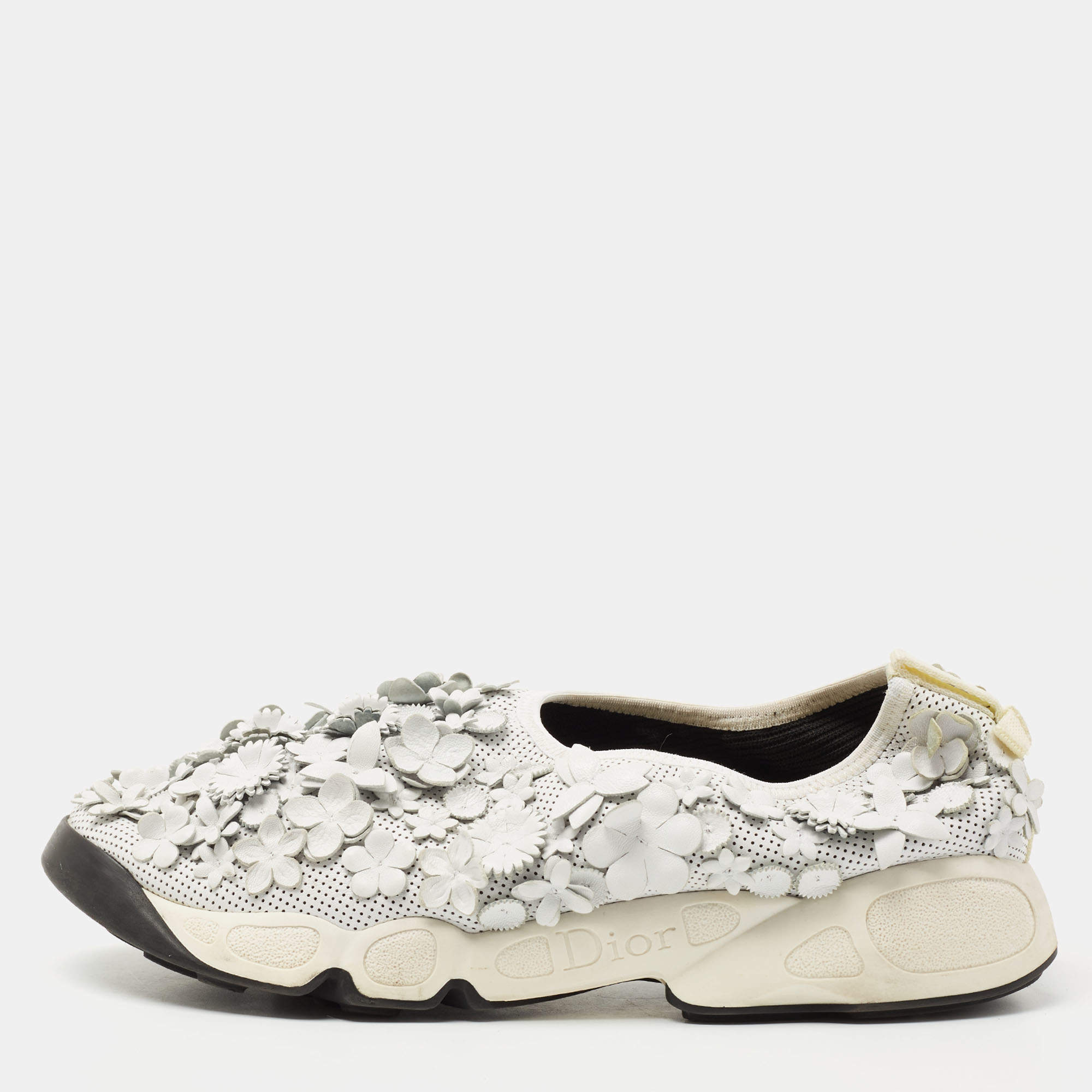 Pre Owned Dior White Perforated Leather Floral Applique Fusion Sneakers Size 41