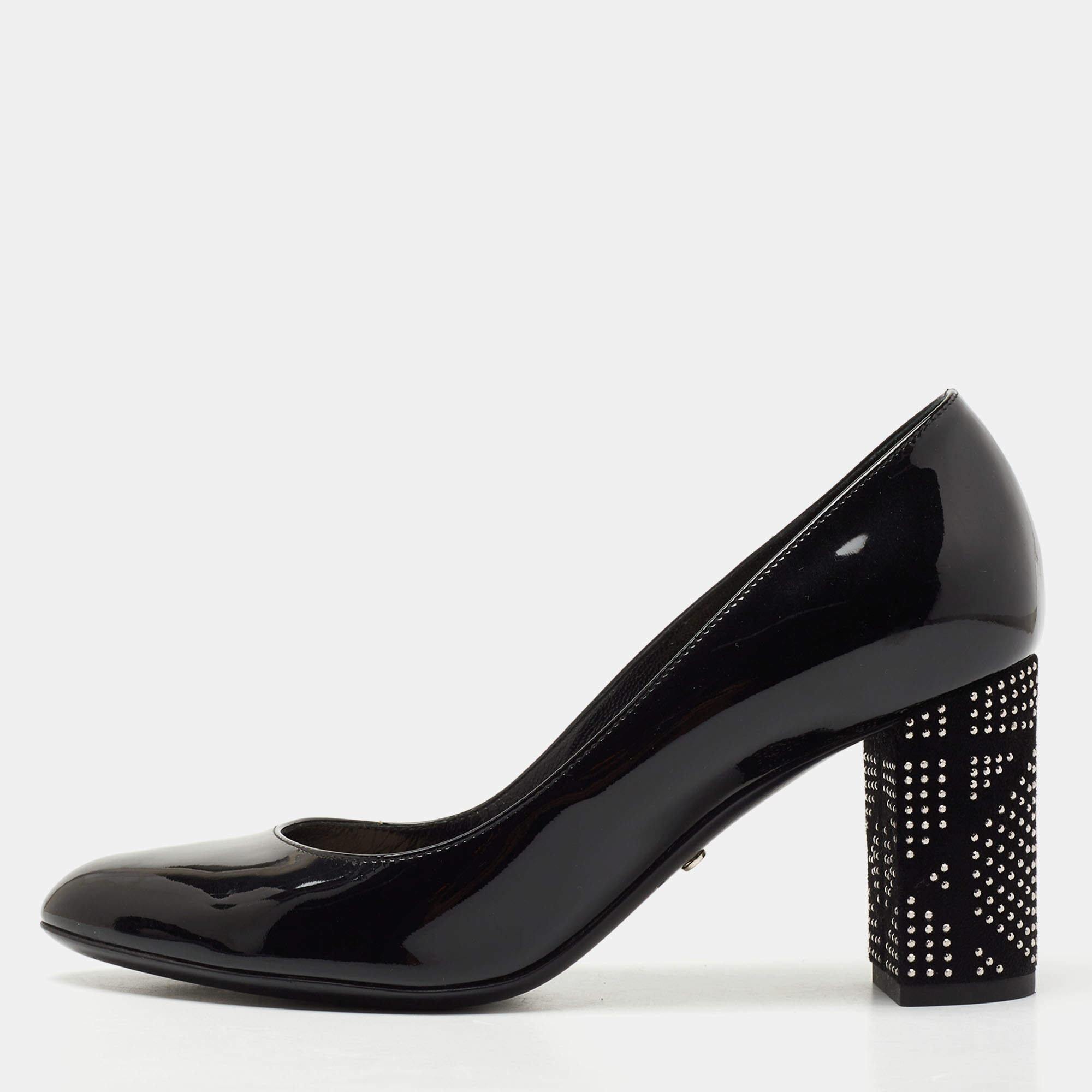 Dior Black Patent Leather Studded Block Heel Pumps Size 37