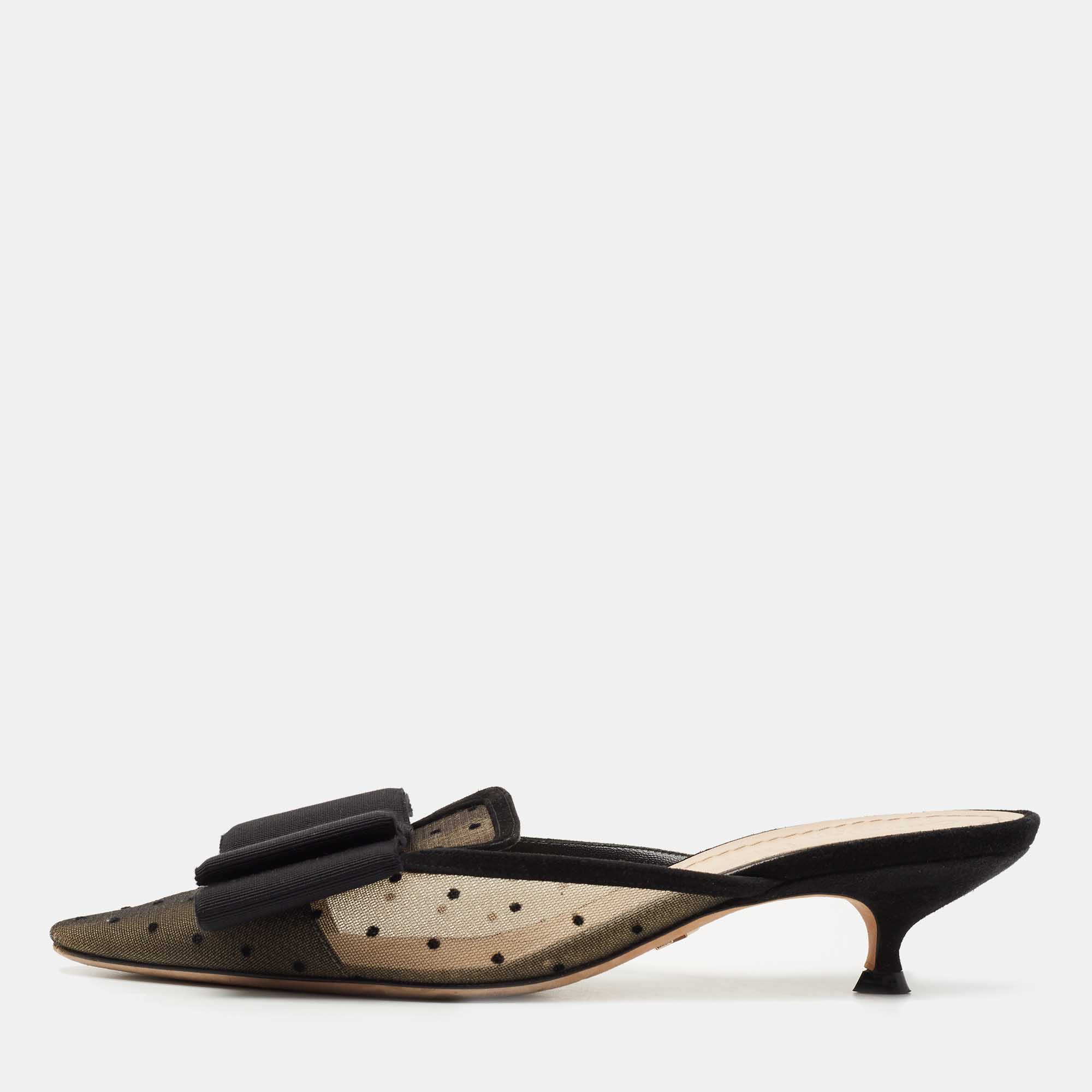 Dior Black Polka Dot Mesh and Canvas Bow Pointed Toe Mules Size 37