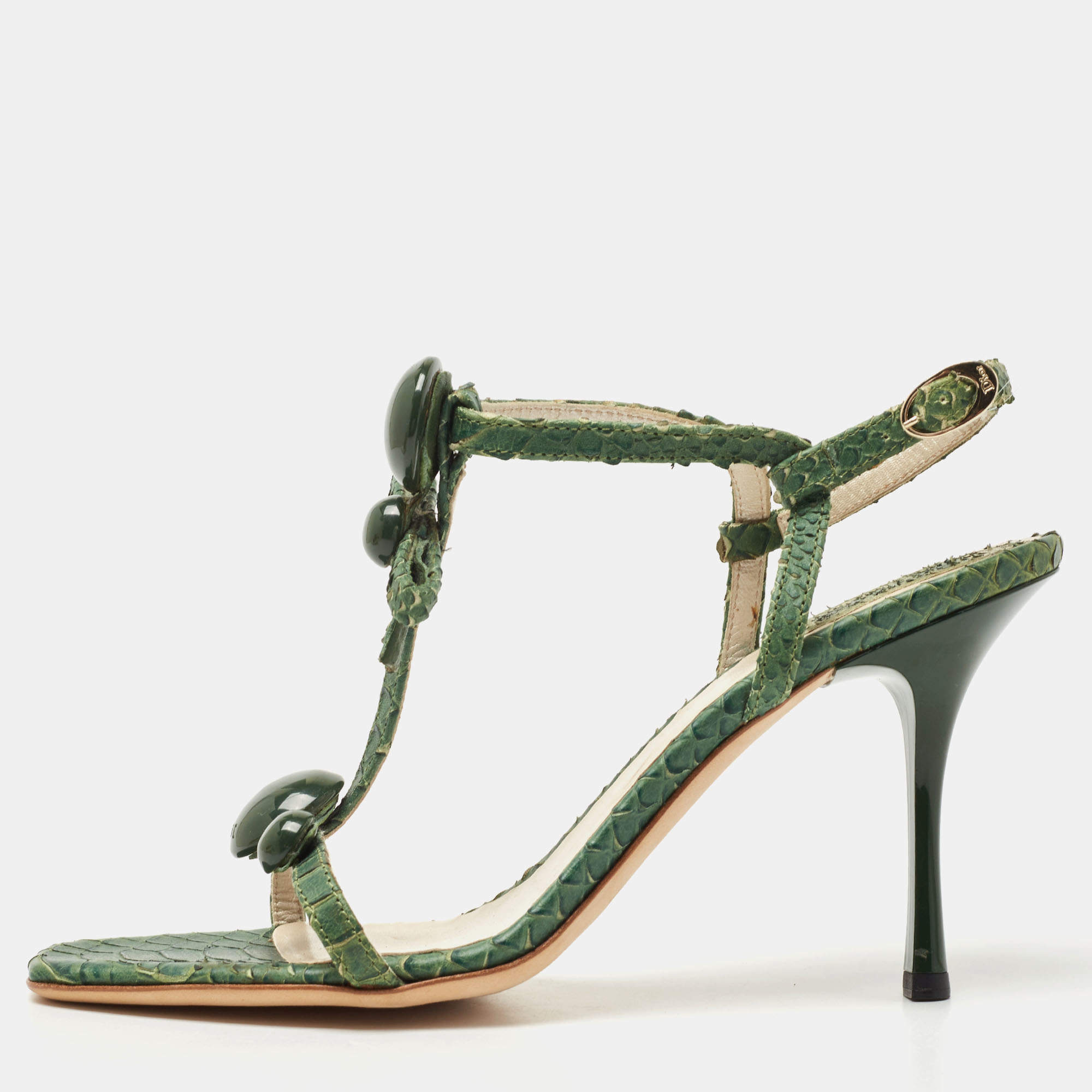Dior Green Python Embossed Leather Ankle Strap Sandals Size 39.5