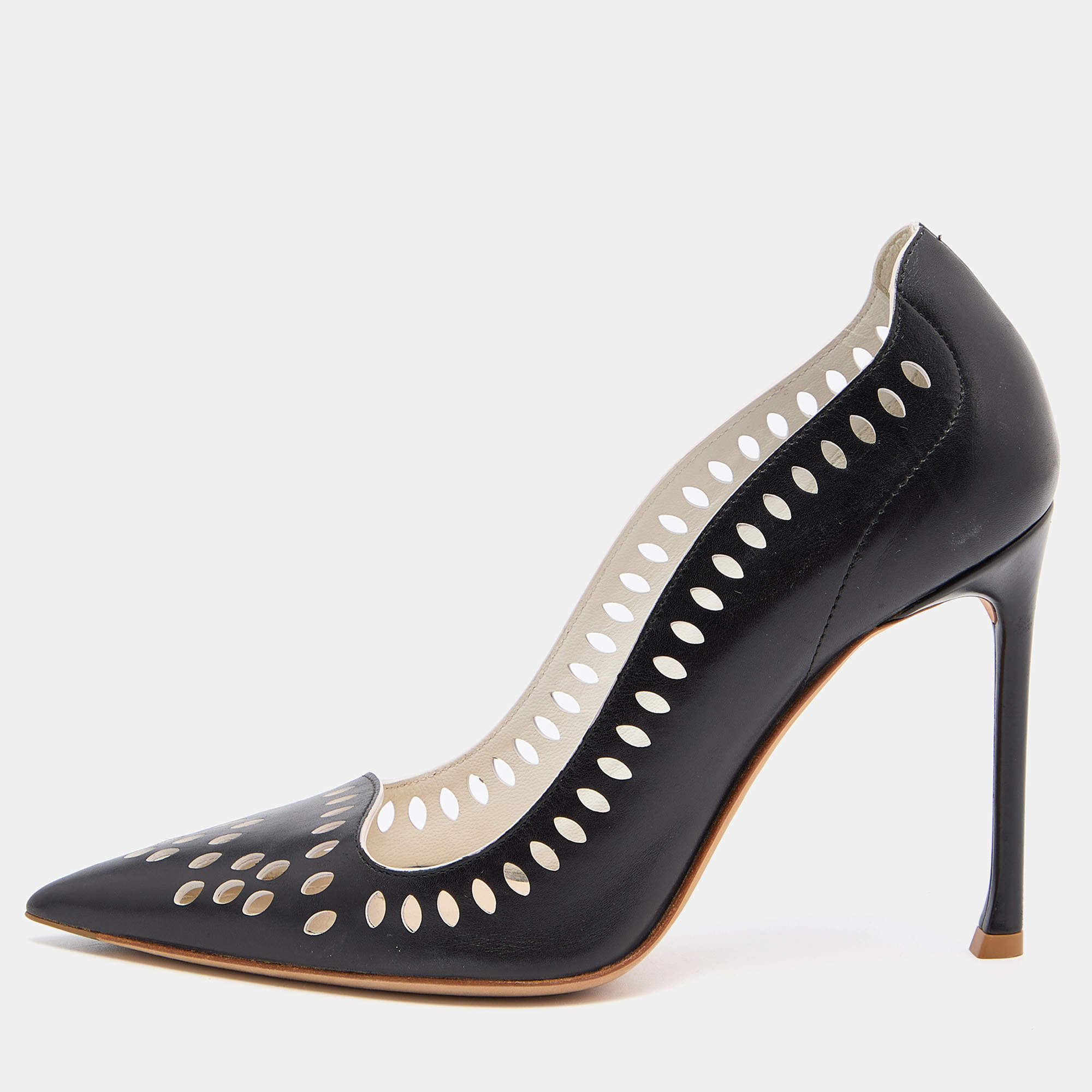 Dior Black Laser Cut Leather Pointed Toe Pumps Size 37