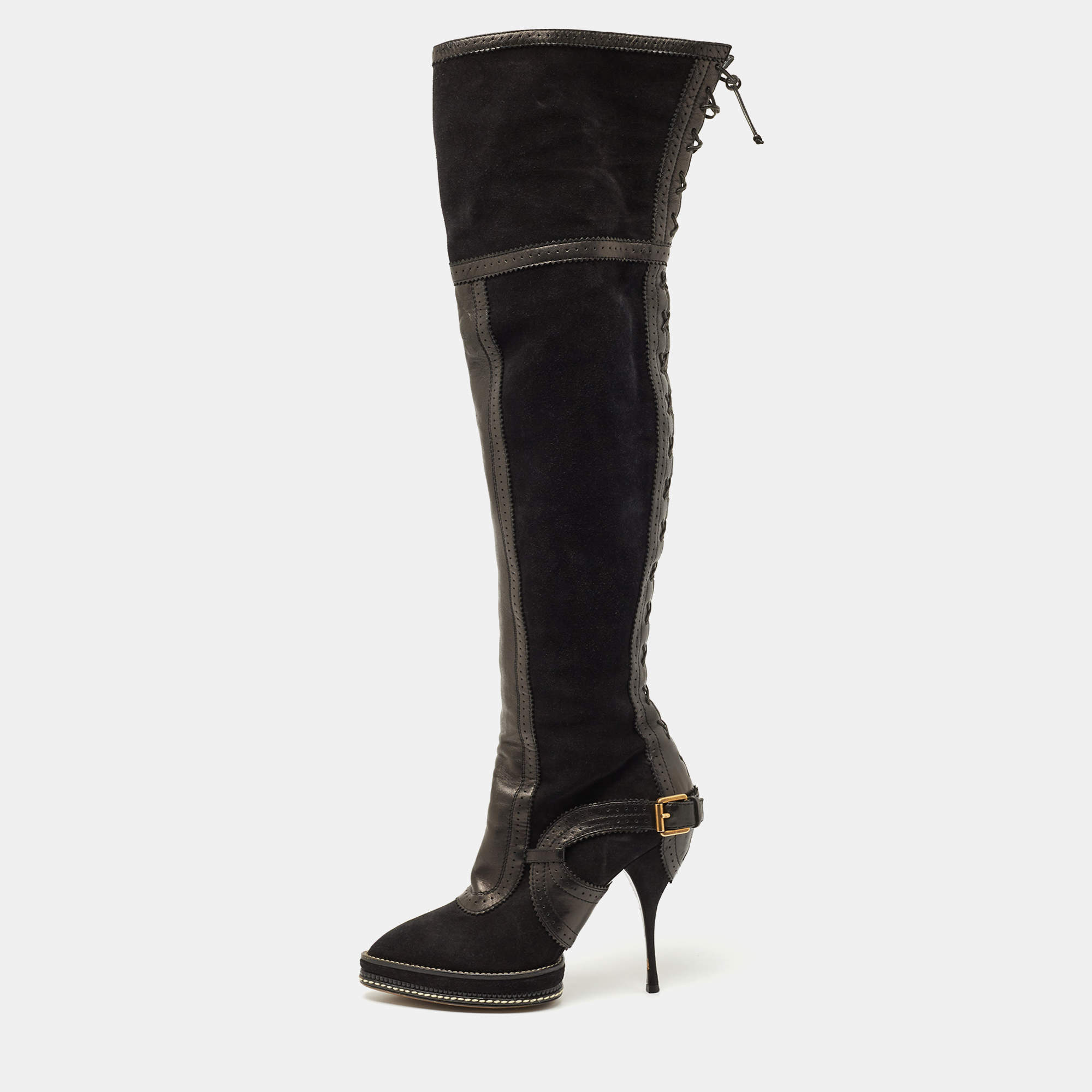 Pre Owned Dior Black Leather and Suede  Platform Length Length Boots Size 41 