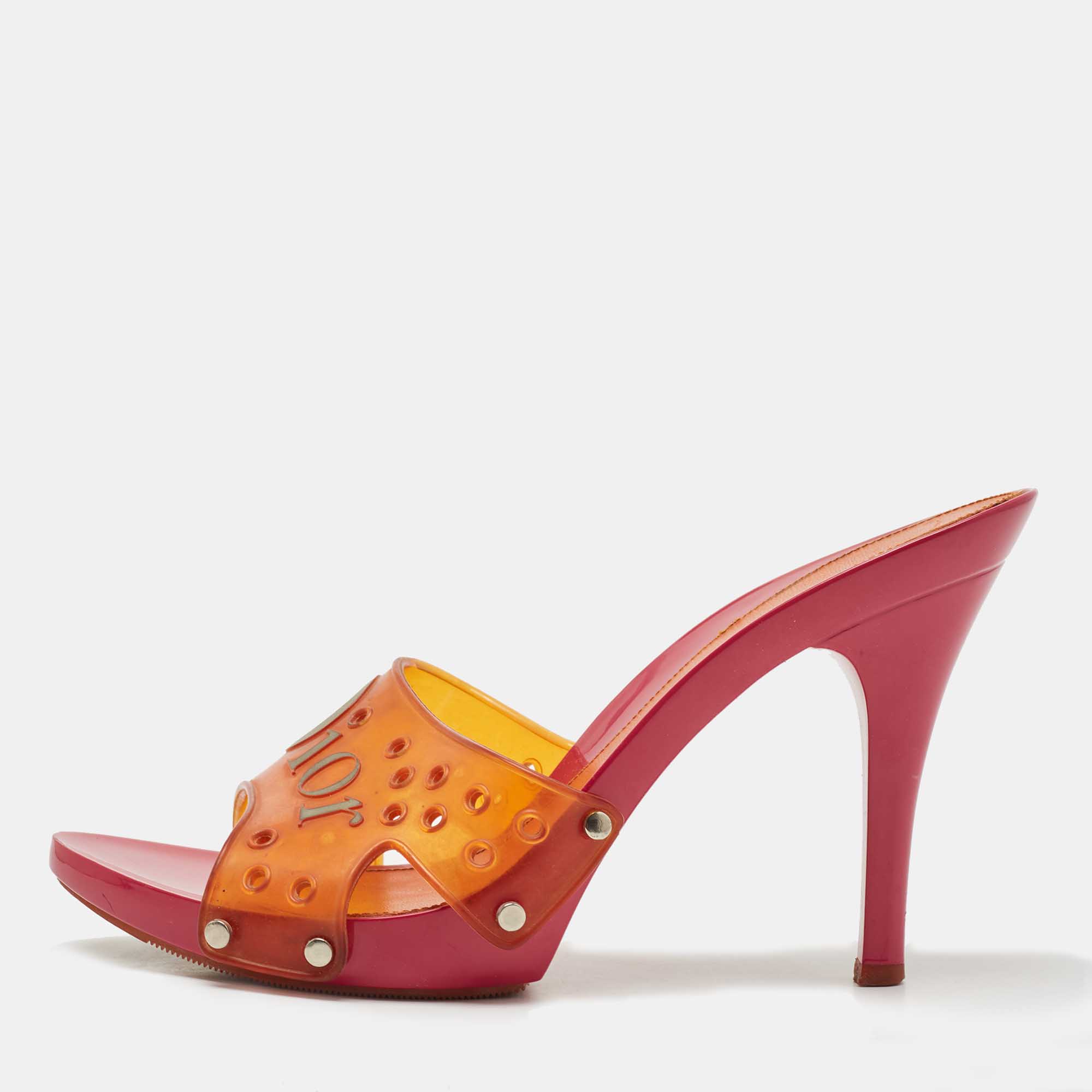 Dior Orange/Pink Perforated PVC Logo Embossed Peep Toe Slides Size 38.5
