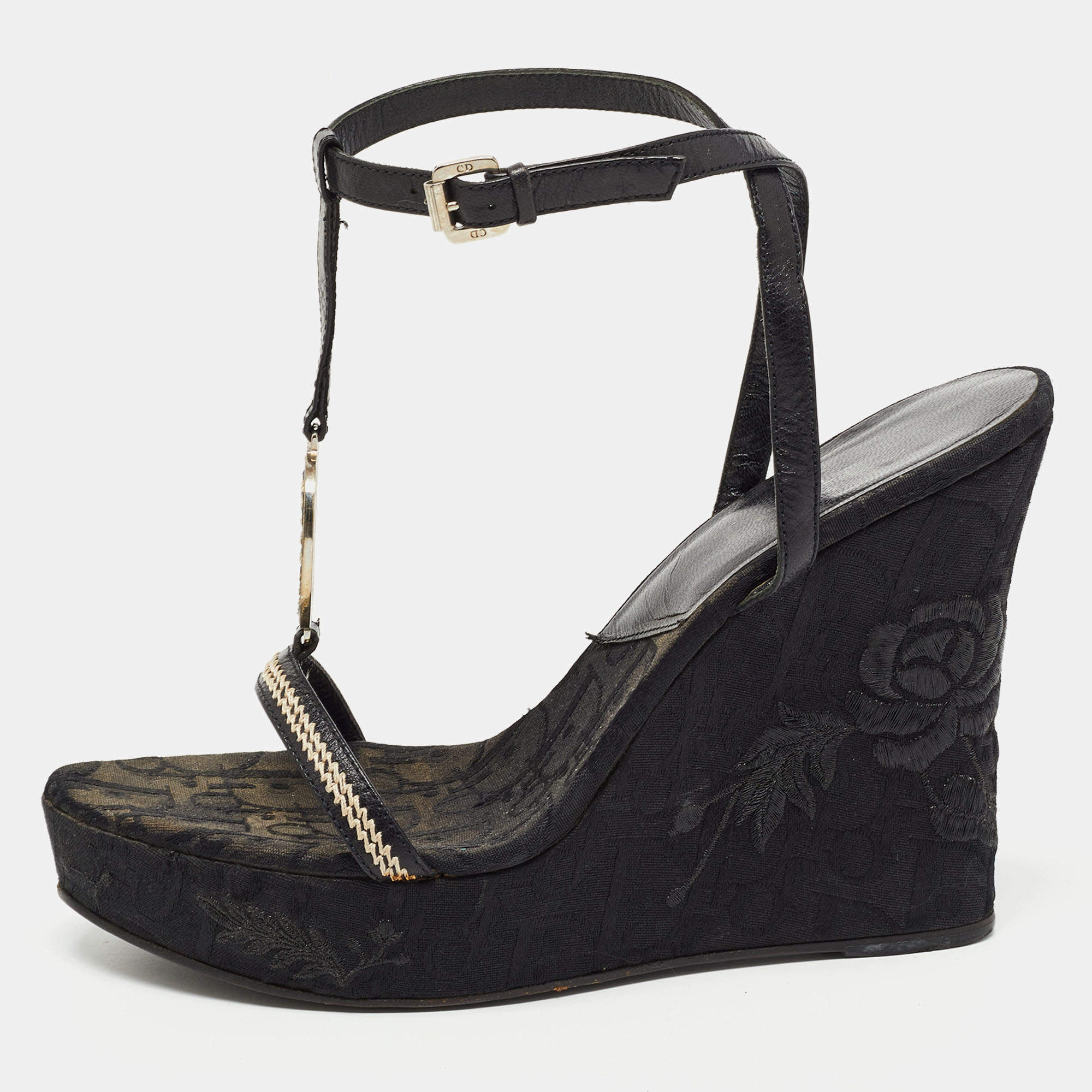 Dior Black Leather Floral Embroidered Wedge Ankle Wrap Sandals Size 38