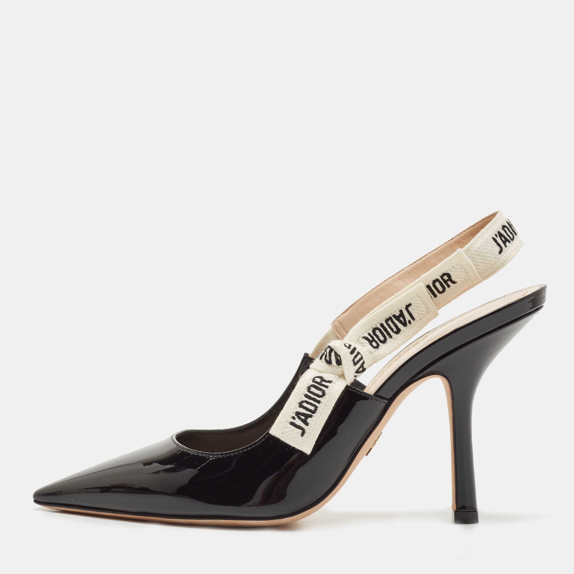 Dior Black Patent Leather J'Adior Slingback Pumps Size 38.5