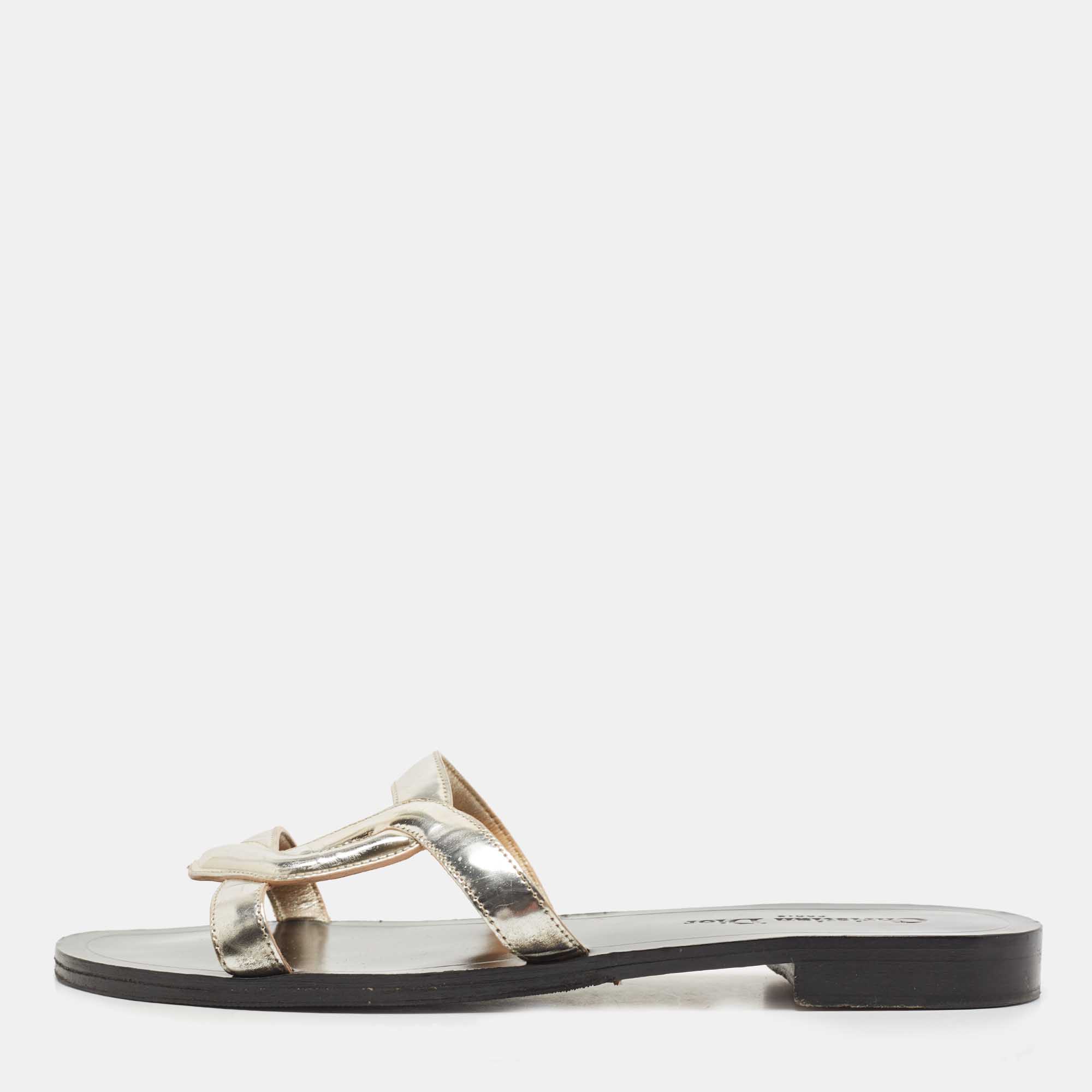 Dior Silver Leather Flat Slides Size 40.5 