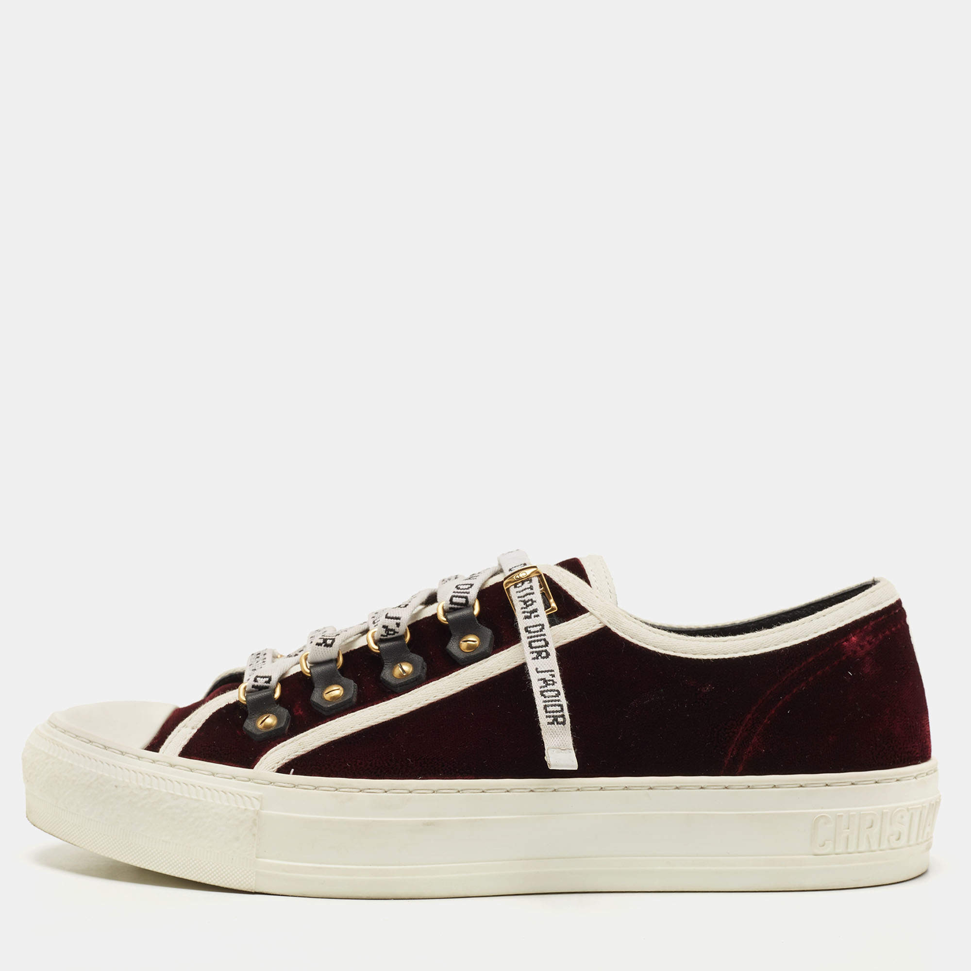 Dior Burgundy/White Velvet And Canvas Trim Walk'N'Dior Low Top Sneakers Size 39.5