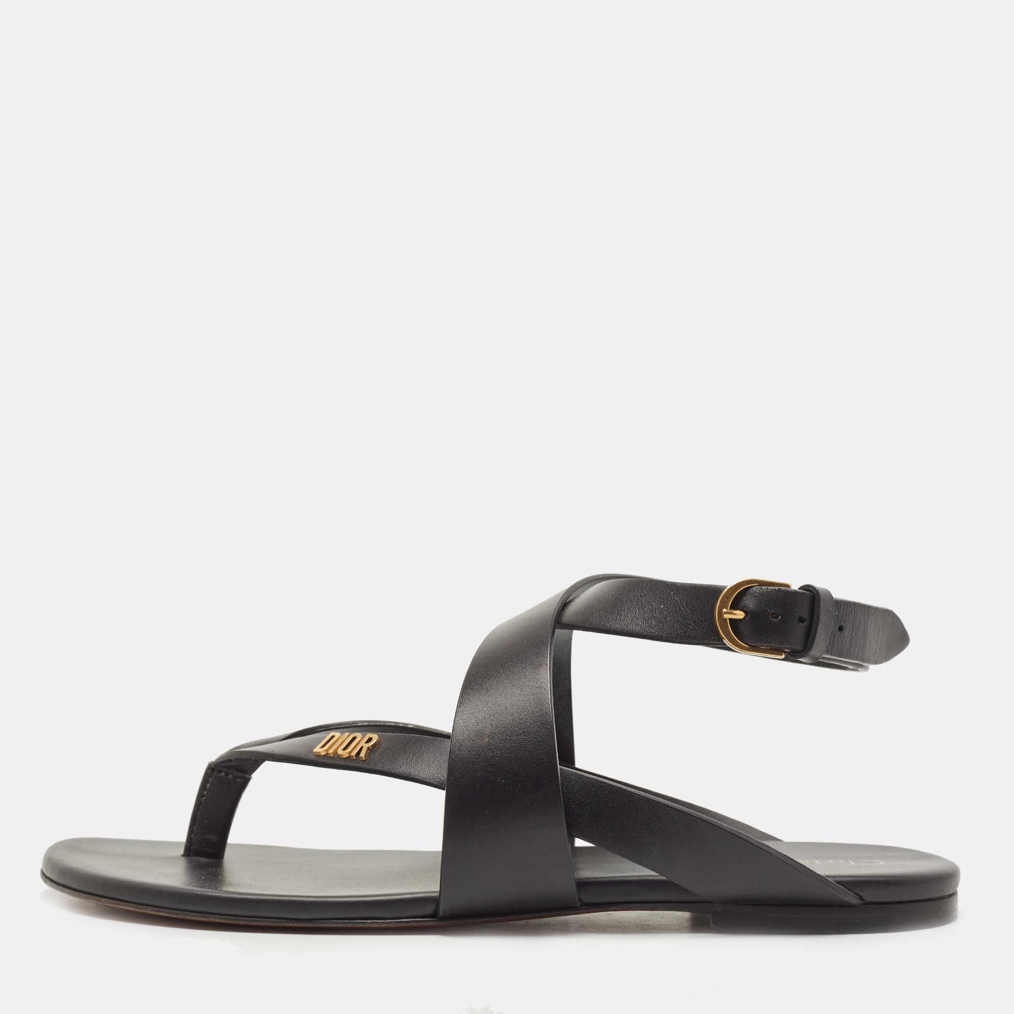 Dior Black Leather Flat Thong Sandals Size 39