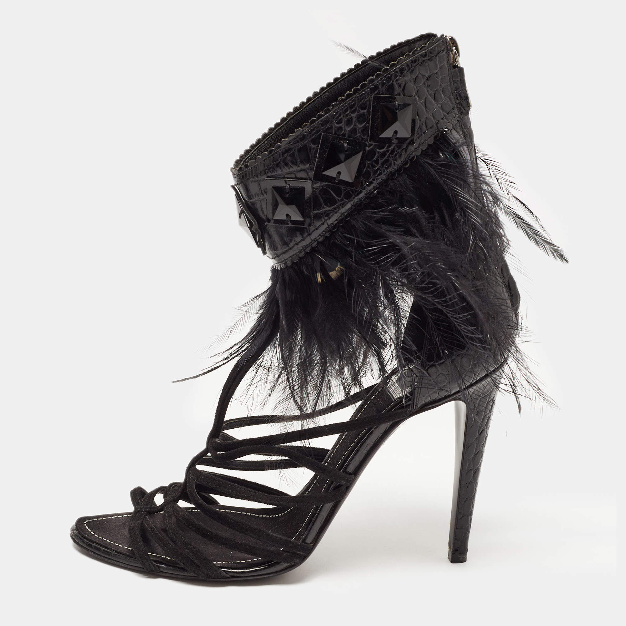 Dior Black Croc Embossed and Suede Ankle Strap Sandals Size 40