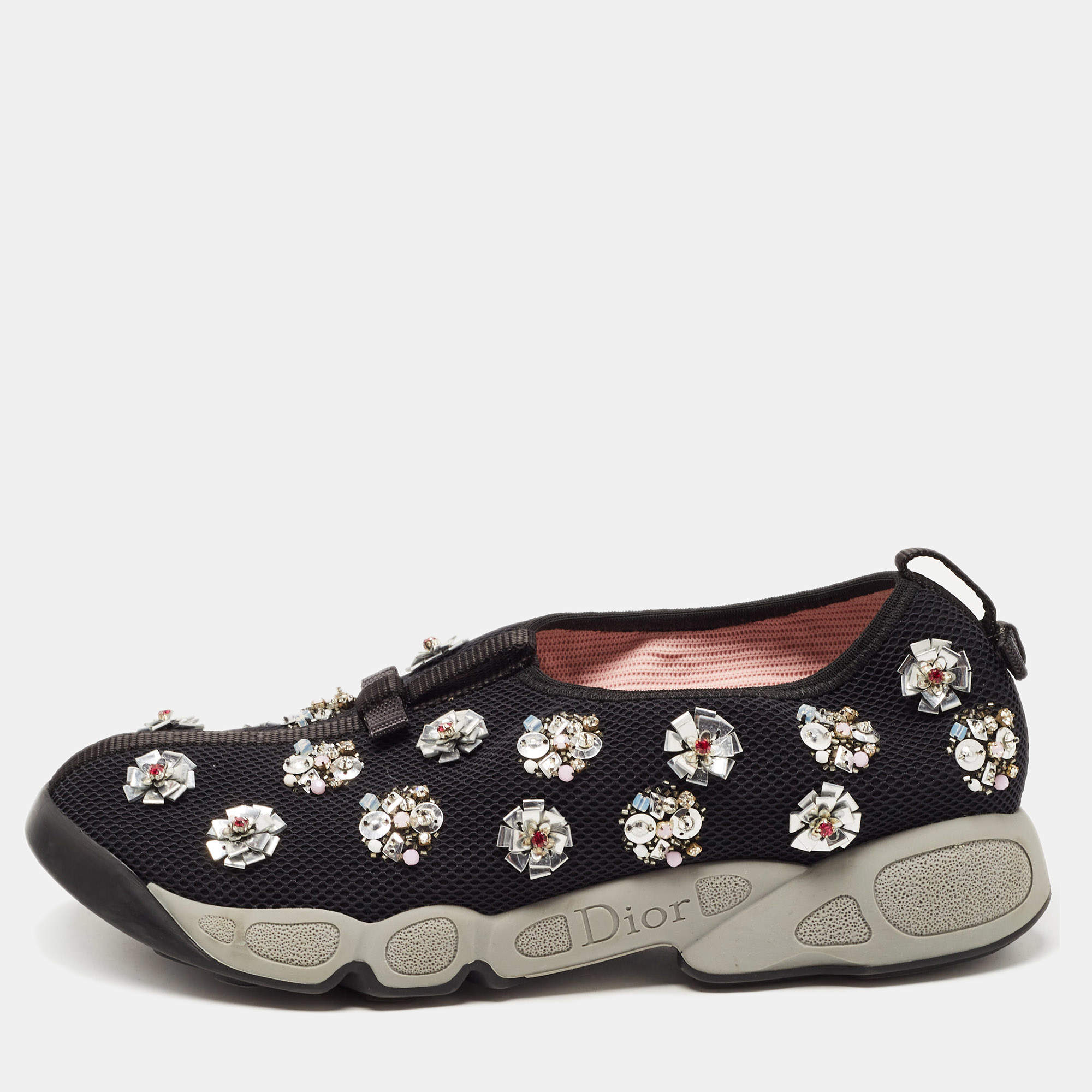 Dior Black Crystal Embellished Mesh Fusion Sneakers Size 38.5