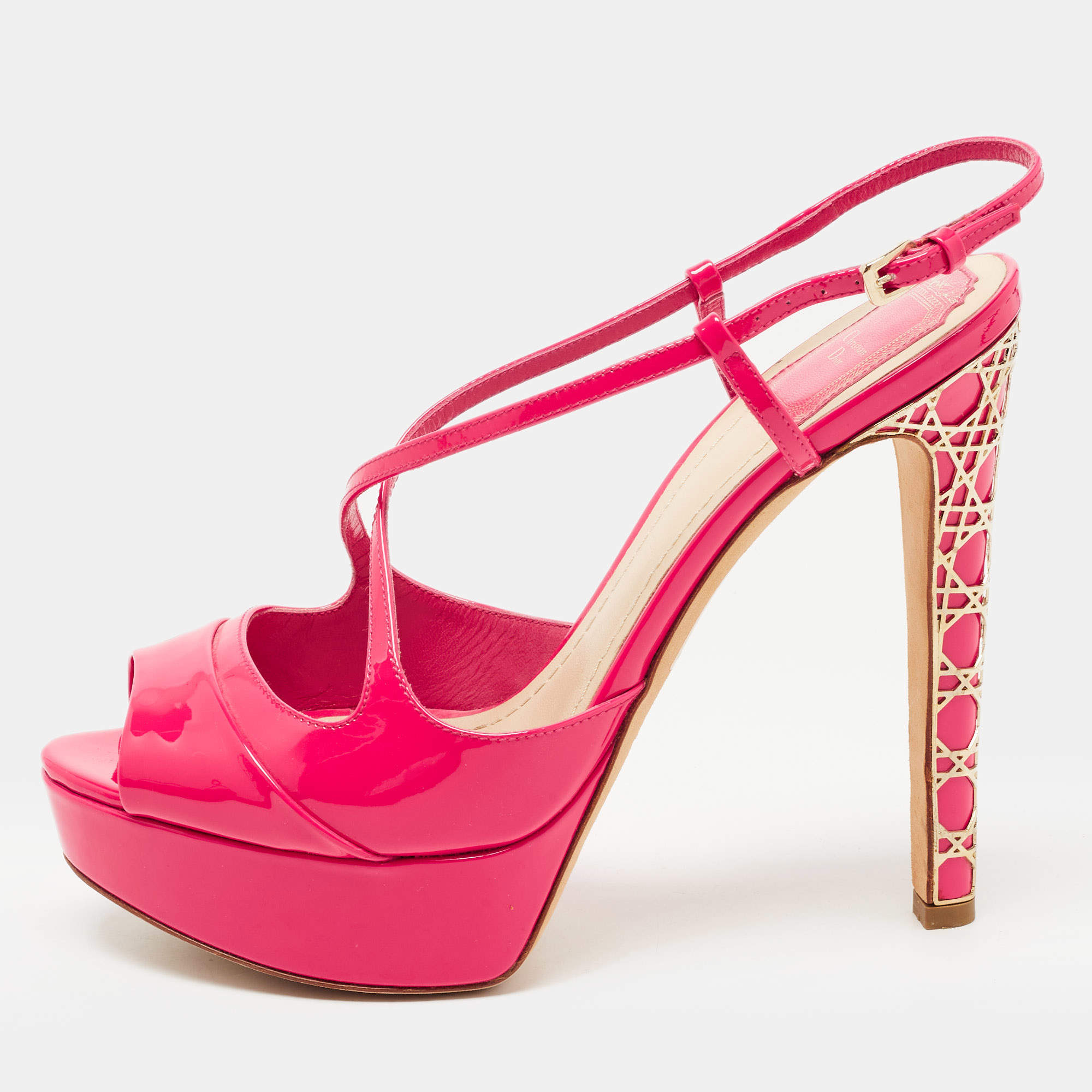 Dior Pink Patent Leather Cannage Heel Platform Sandals Size 38.5