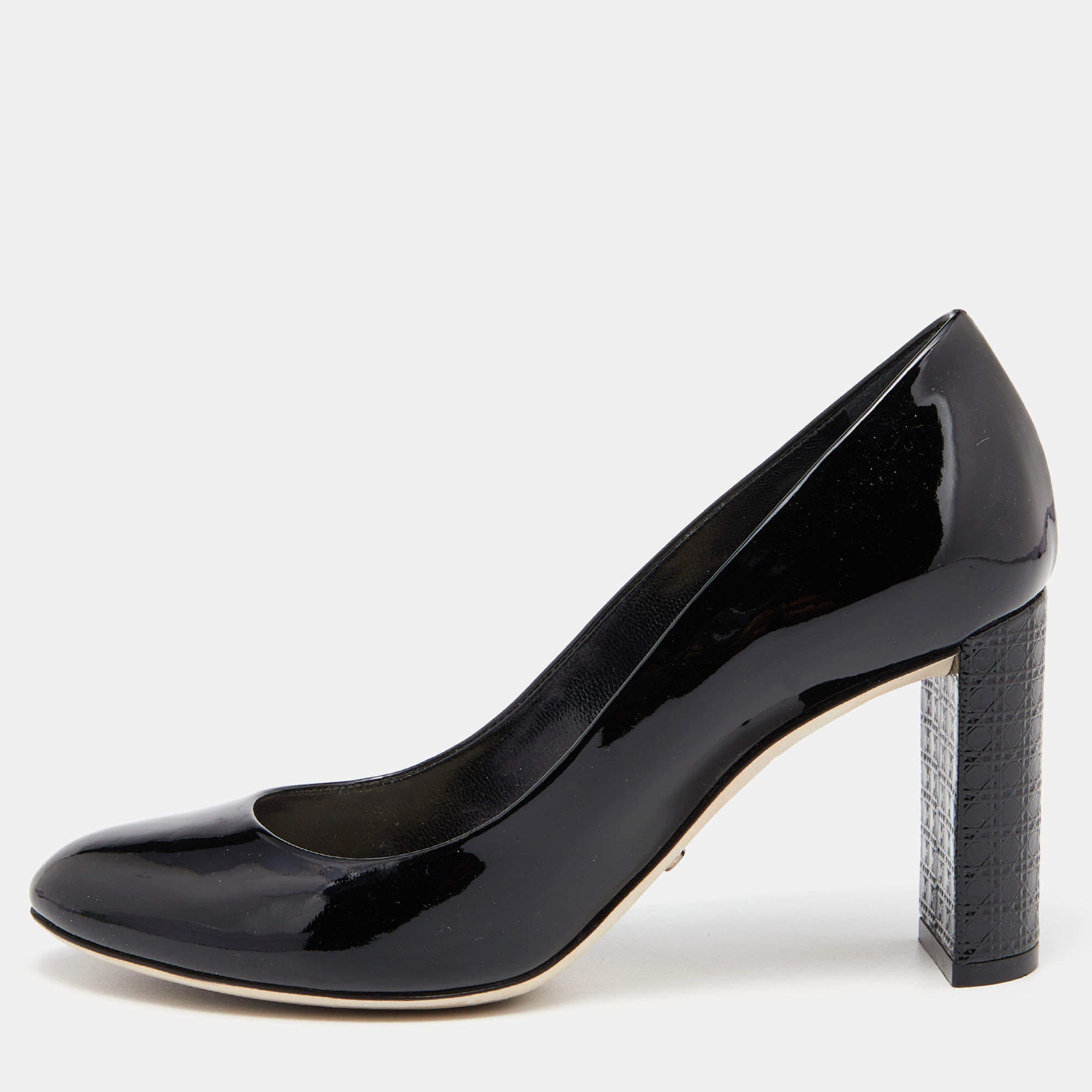 Dior Black Patent Leather Cannage Block Heel Pumps Size 36