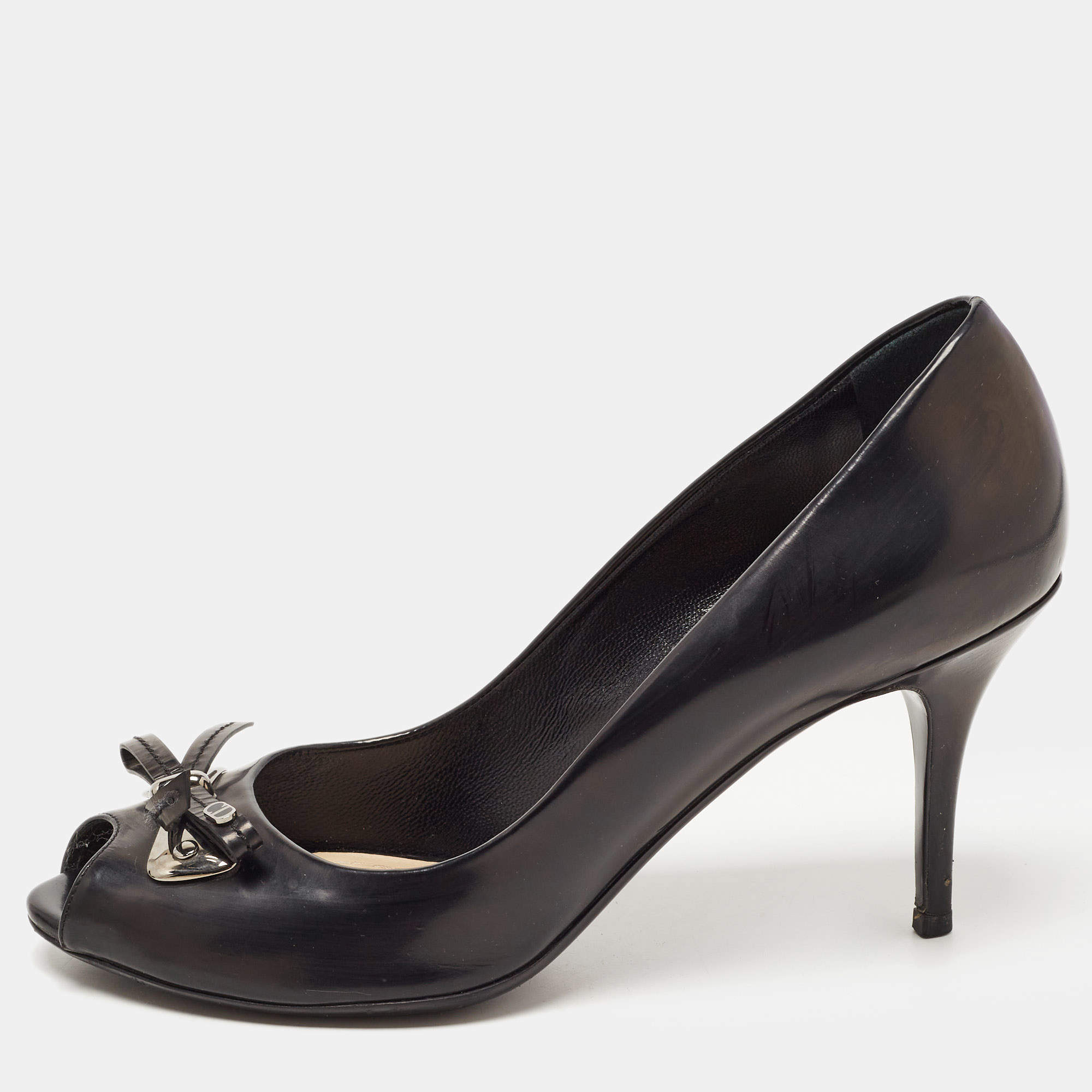 Pre Owned Dior Black Leather Bow Peep Toe Pumps Size 39