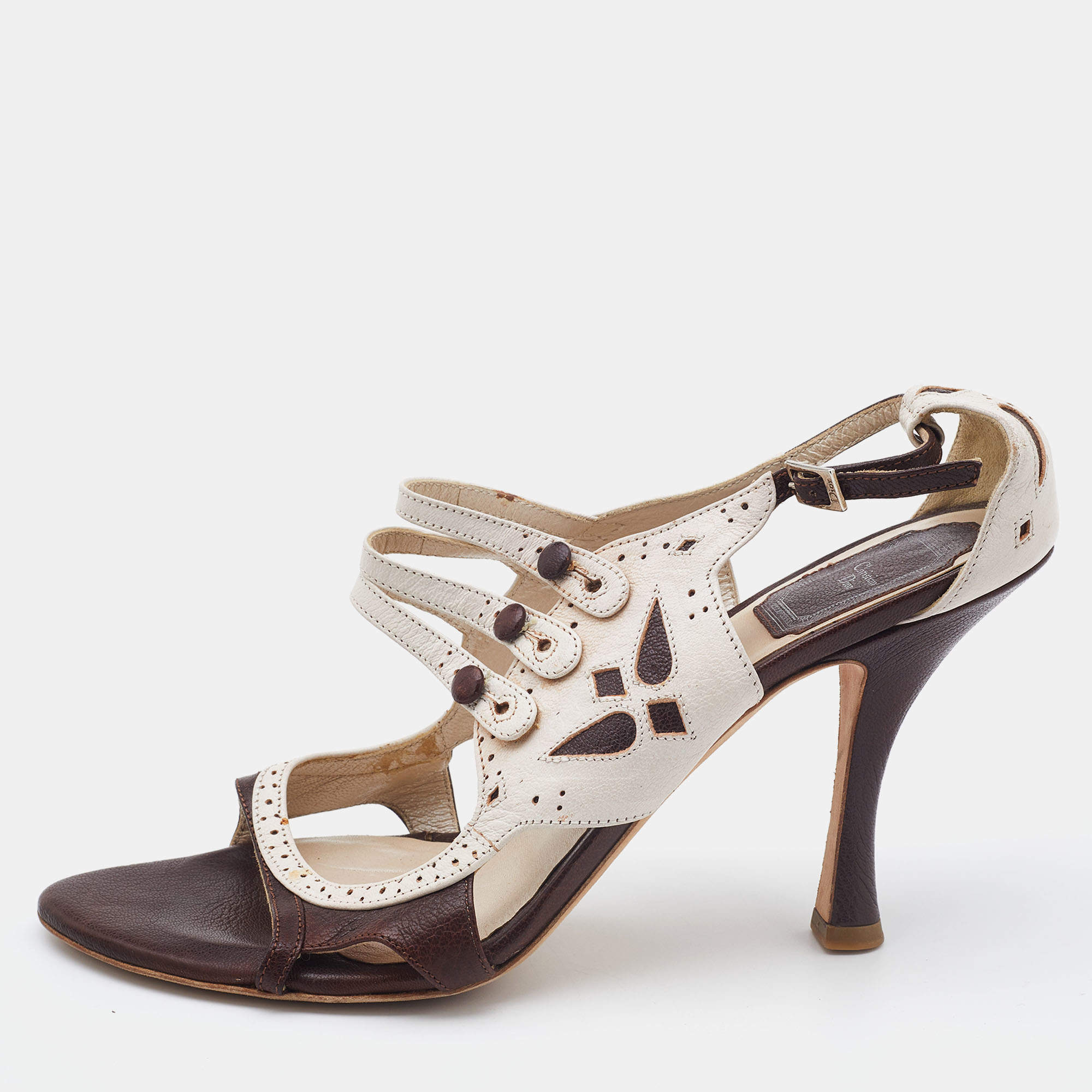 Dior Brown/White Brogue Leather Lasercut  Sandals Size 40