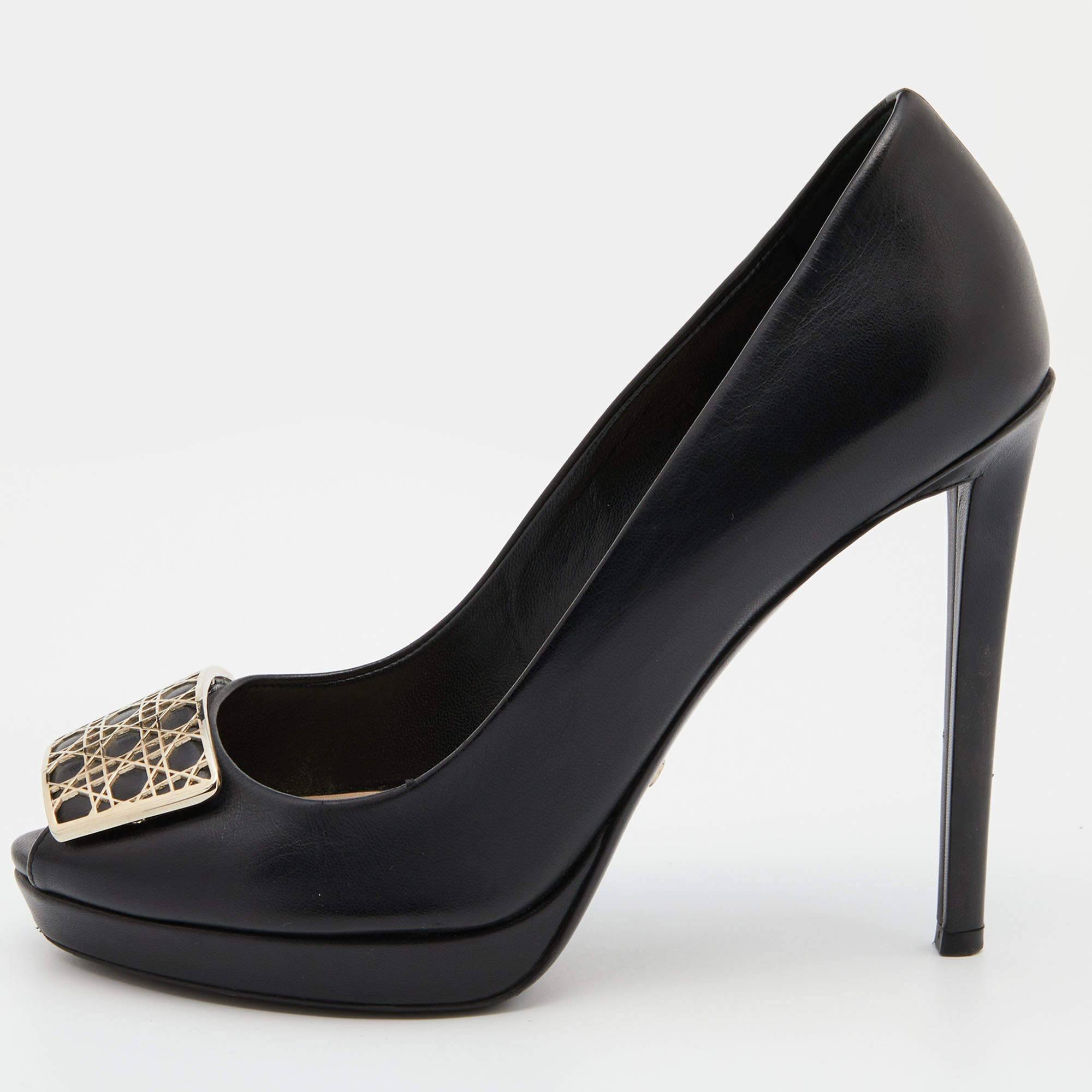Pre Owned Dior Black Leather Cannage Plaque Peep Toe Platform Pumps Size 38