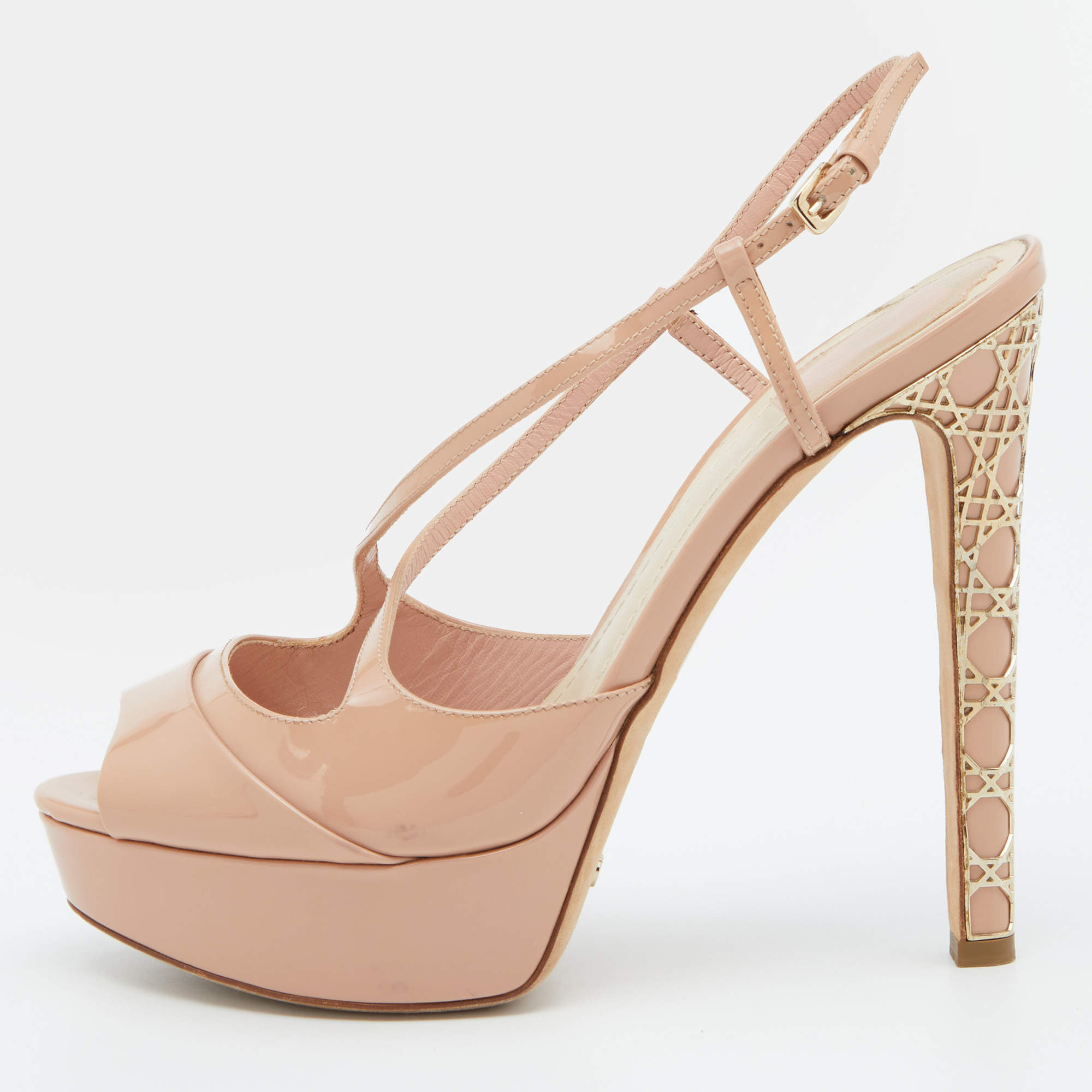 Dior Beige Patent Leather Cannage Heel Platform Sandals Size 38.5