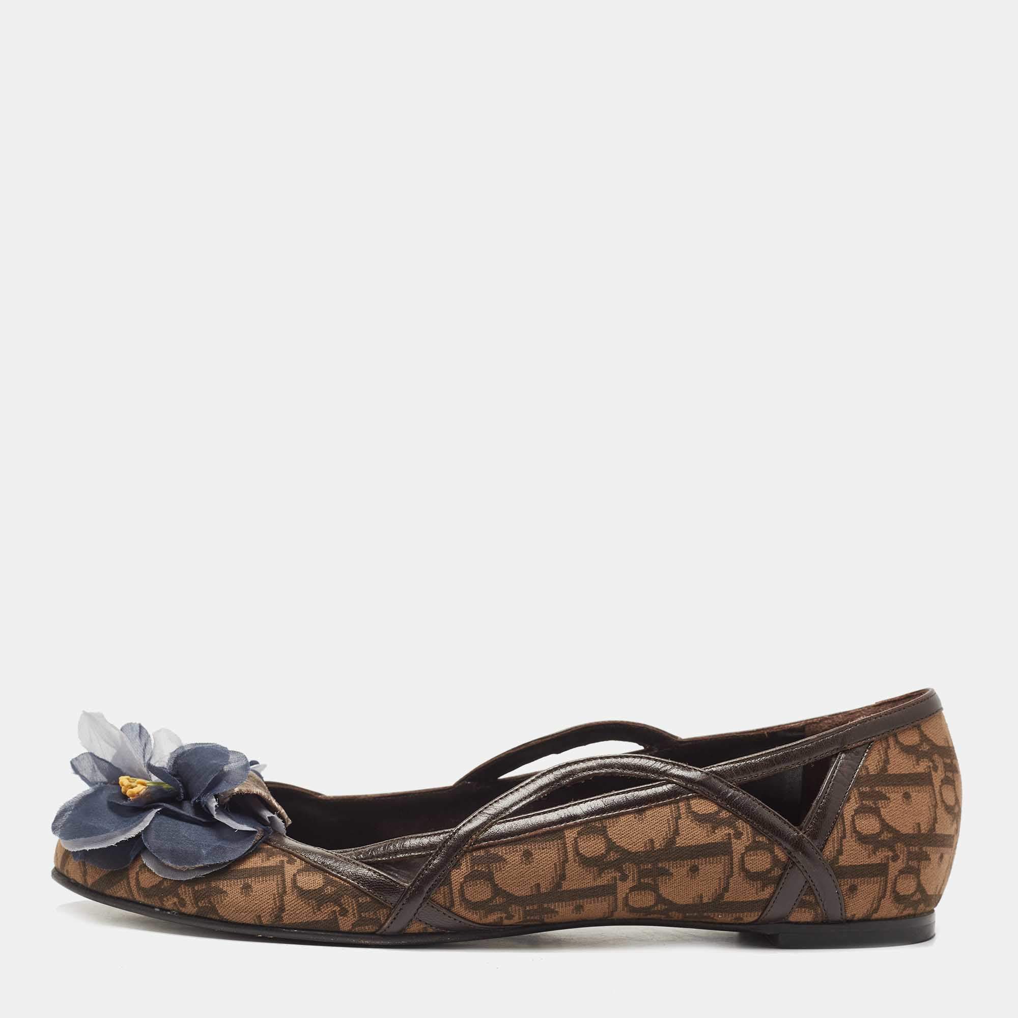 Pre Owned Dior Brown Diorissimo Canvas and Leather Bow Ballet Flats Size 41