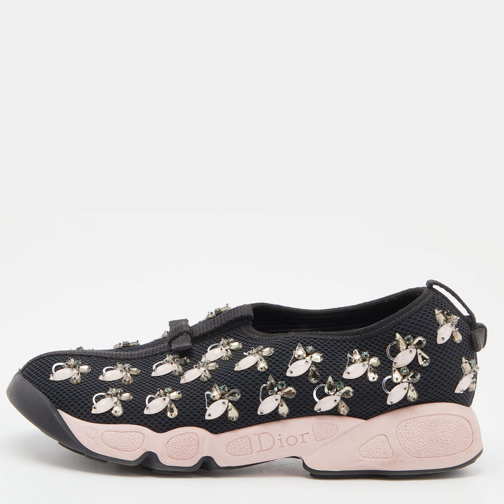 Pre Owned Dior Black Mesh Crystal Embellishment Fusion Sneakers Size 36