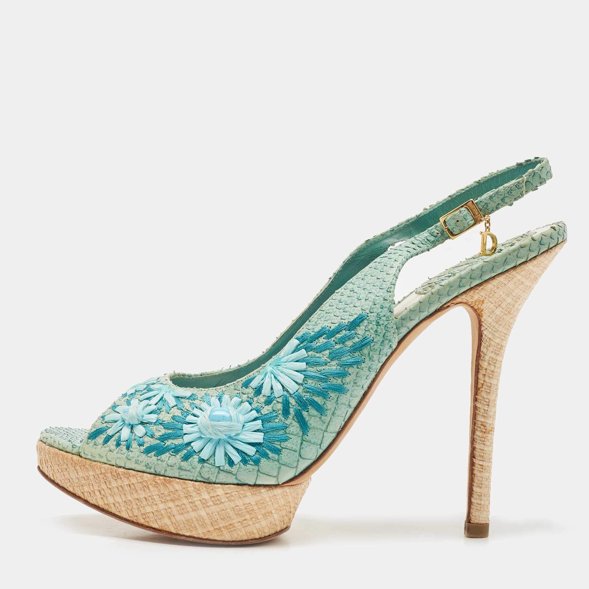 Pre Owned Dior Blue Snakeskin Leather and Floral Straw Logo Charm Slingback Peep Toe Sandals Size 40.5