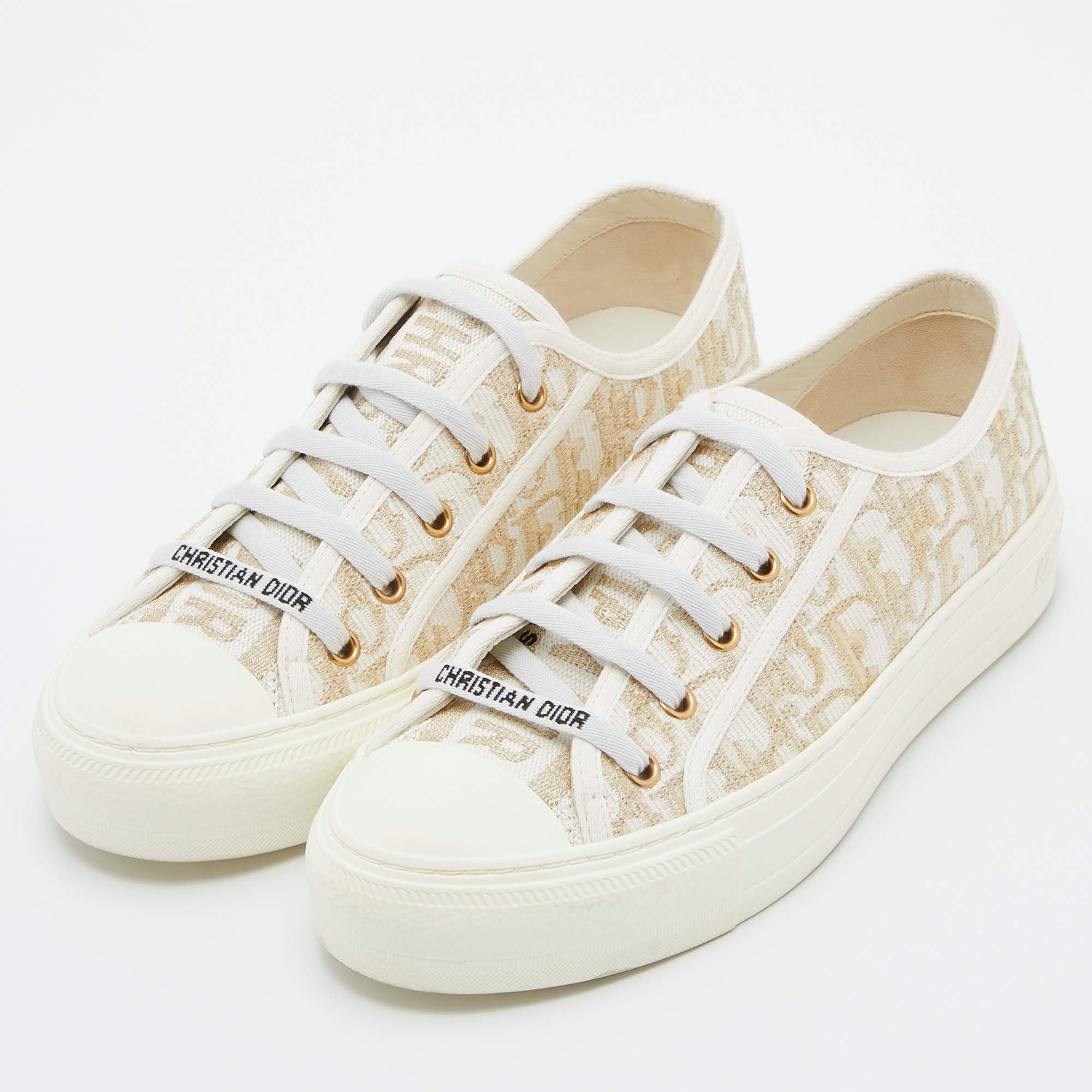 Dior White Gold Oblique Canvas Walk n Dior Sneakers Size 38.5