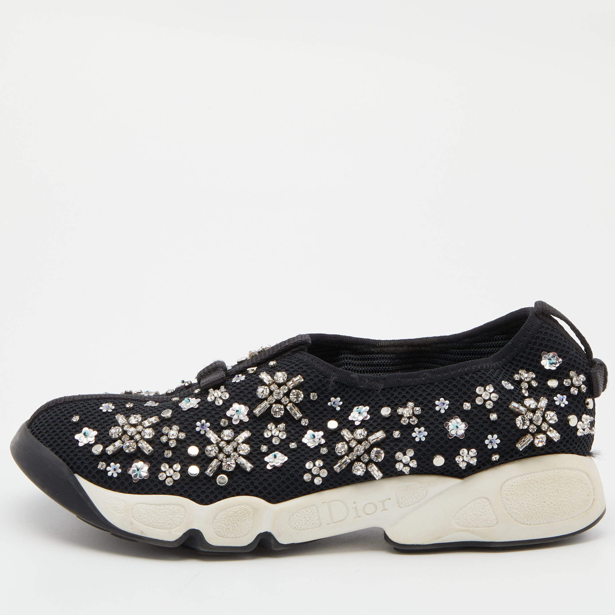 Dior Black Crystal Embellished Mesh Fusion Slip-On Sneakers Size 36