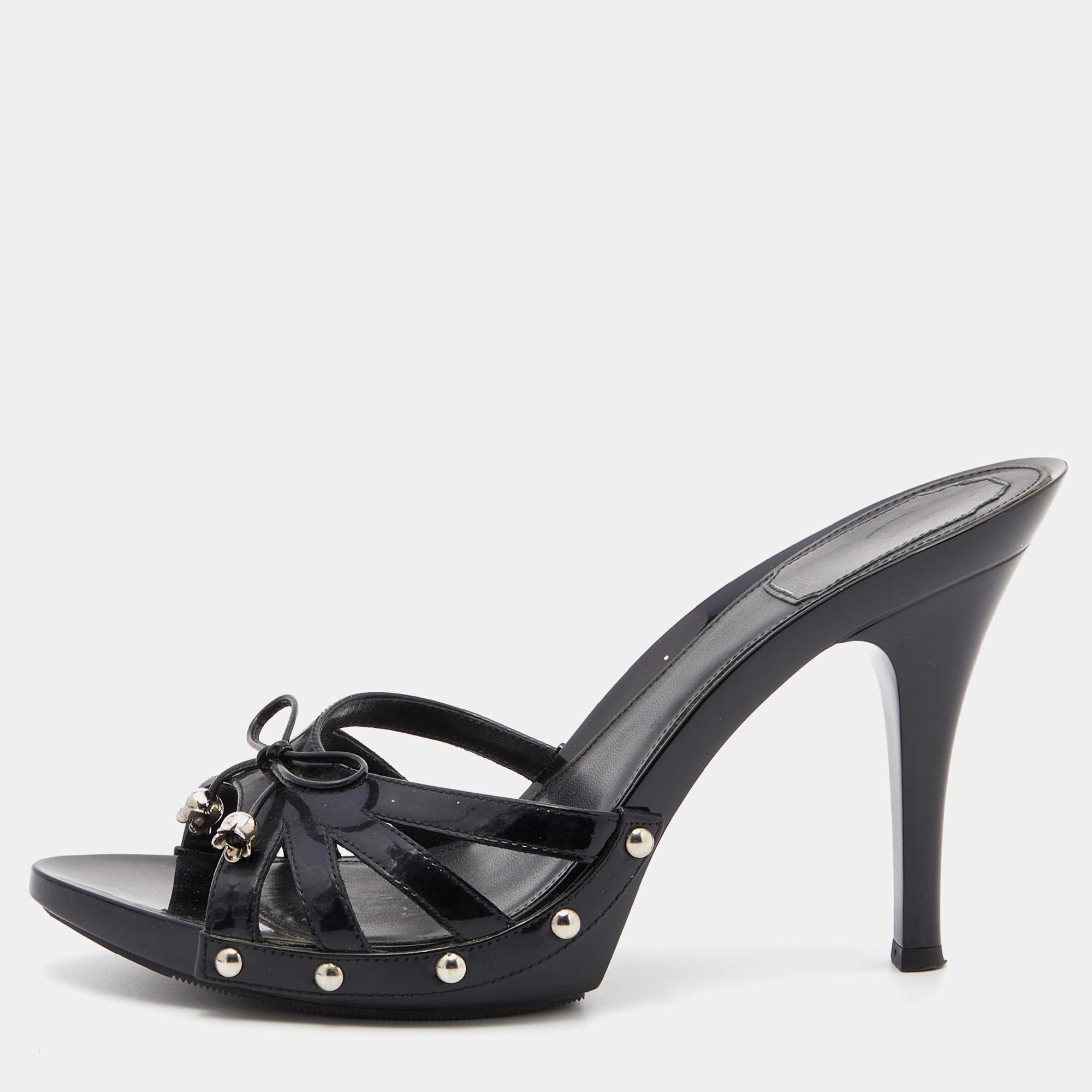 Dior Black Patent Leather Bow Strappy Slide Sandals Size 39