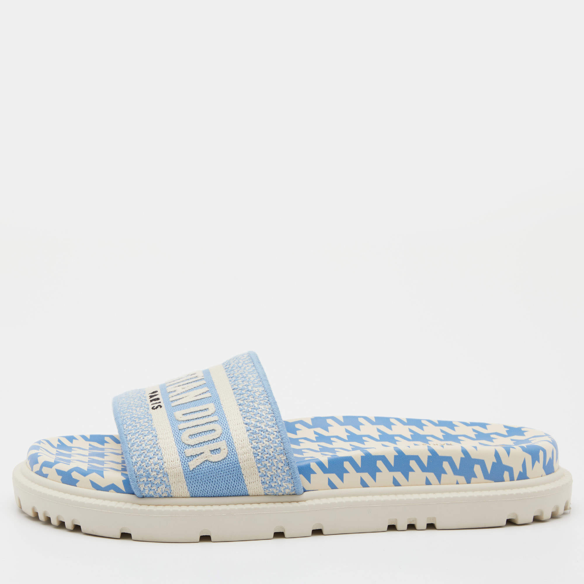 Pre Owned Dior Blue/White Canvas Dway Flat Slides Size 38