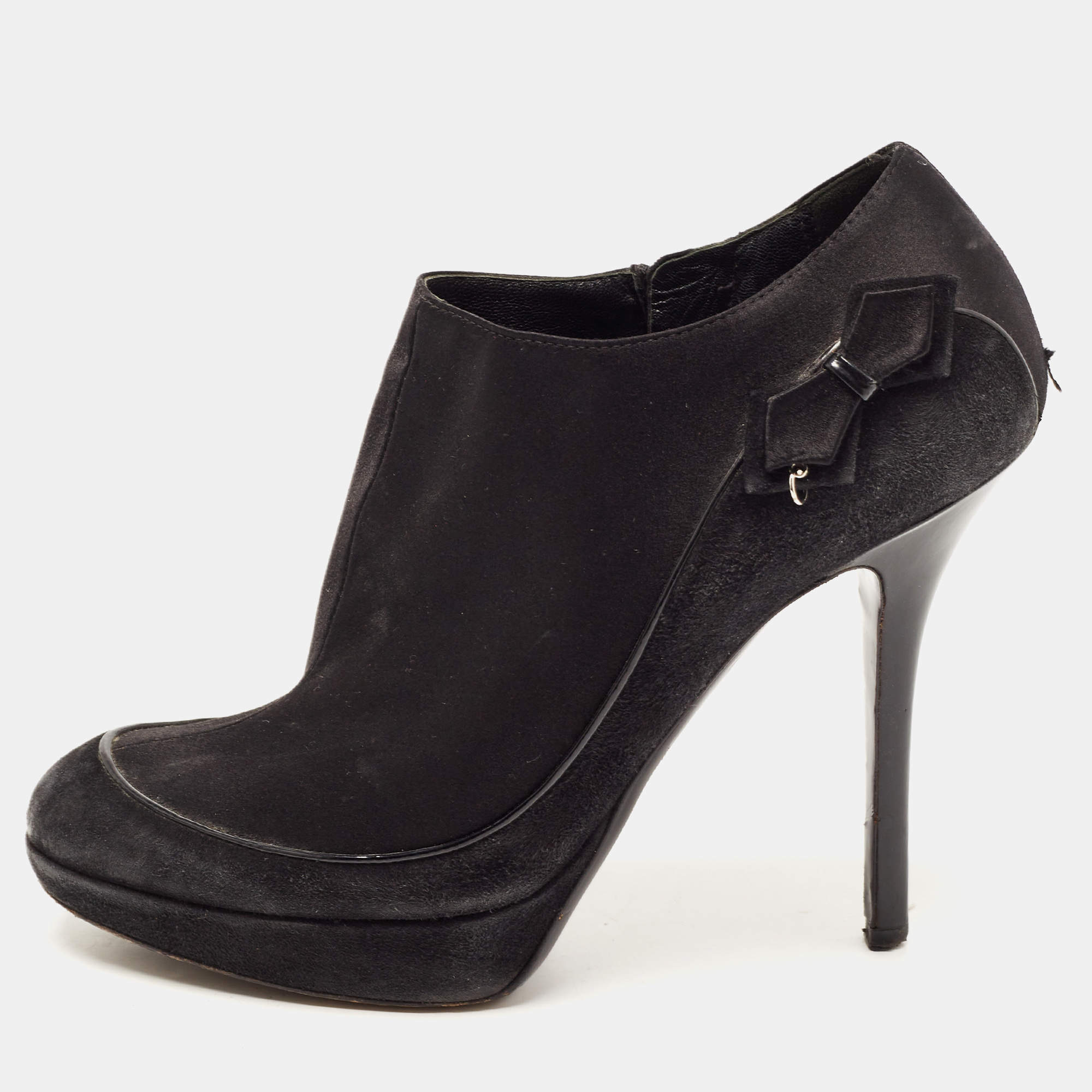 Dior Black Suede and Satin Bow Ankle Booties Size 38.5