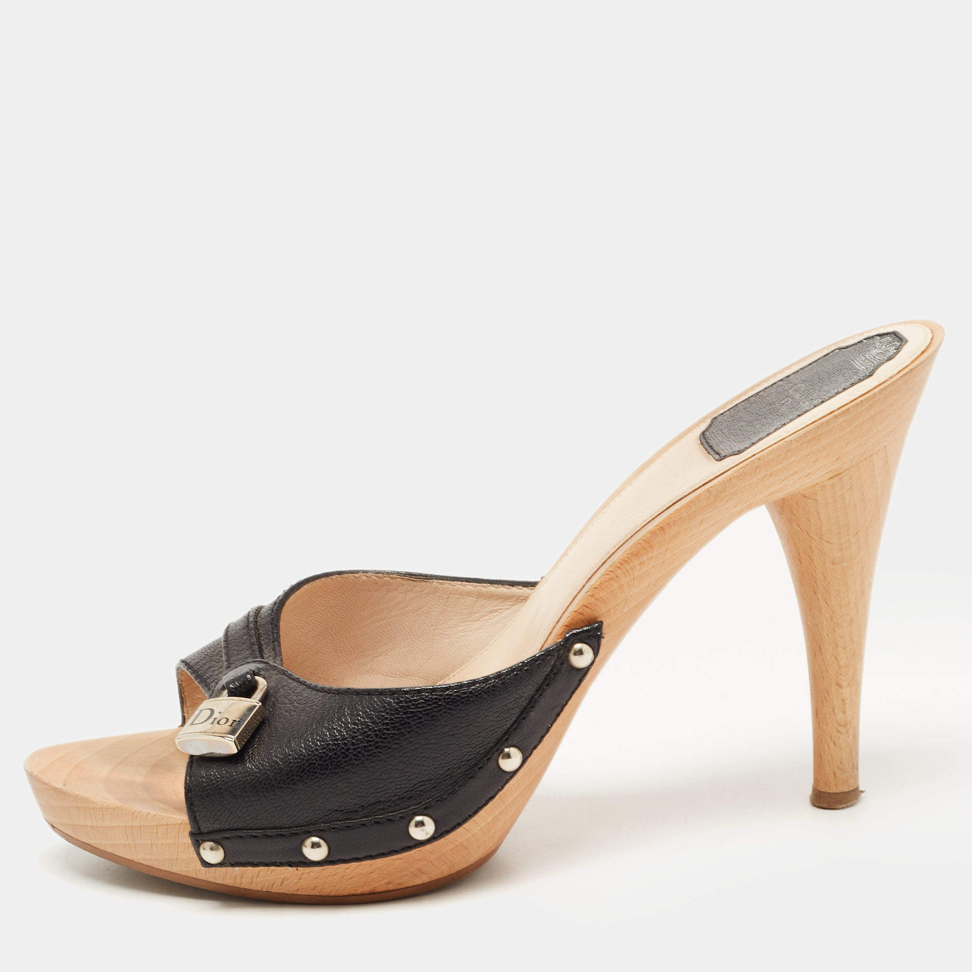 Pre Owned Dior Black Leather Lock Charm Wooden Clogs Size 40.5