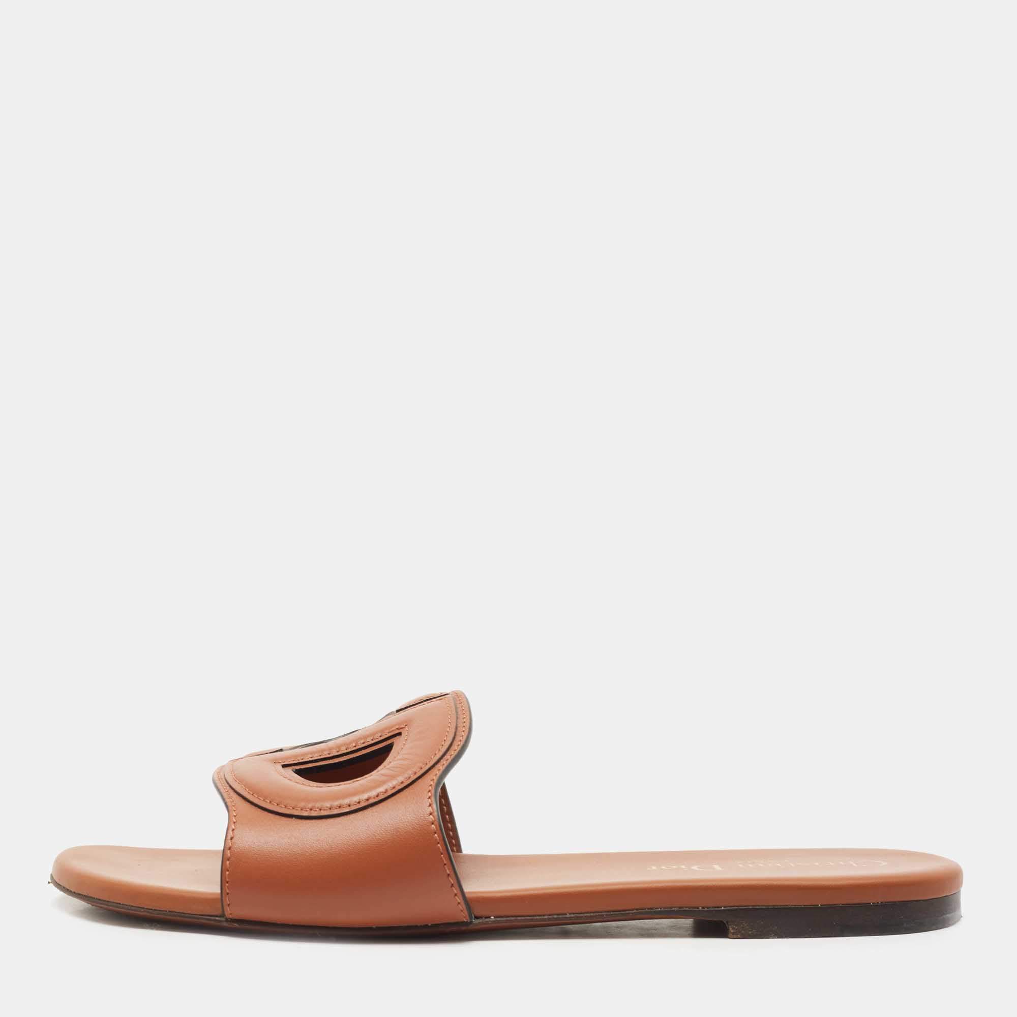 مملوكة مسبقًا Dior Brown Leather CD Cut Out Flat Slides Size 37