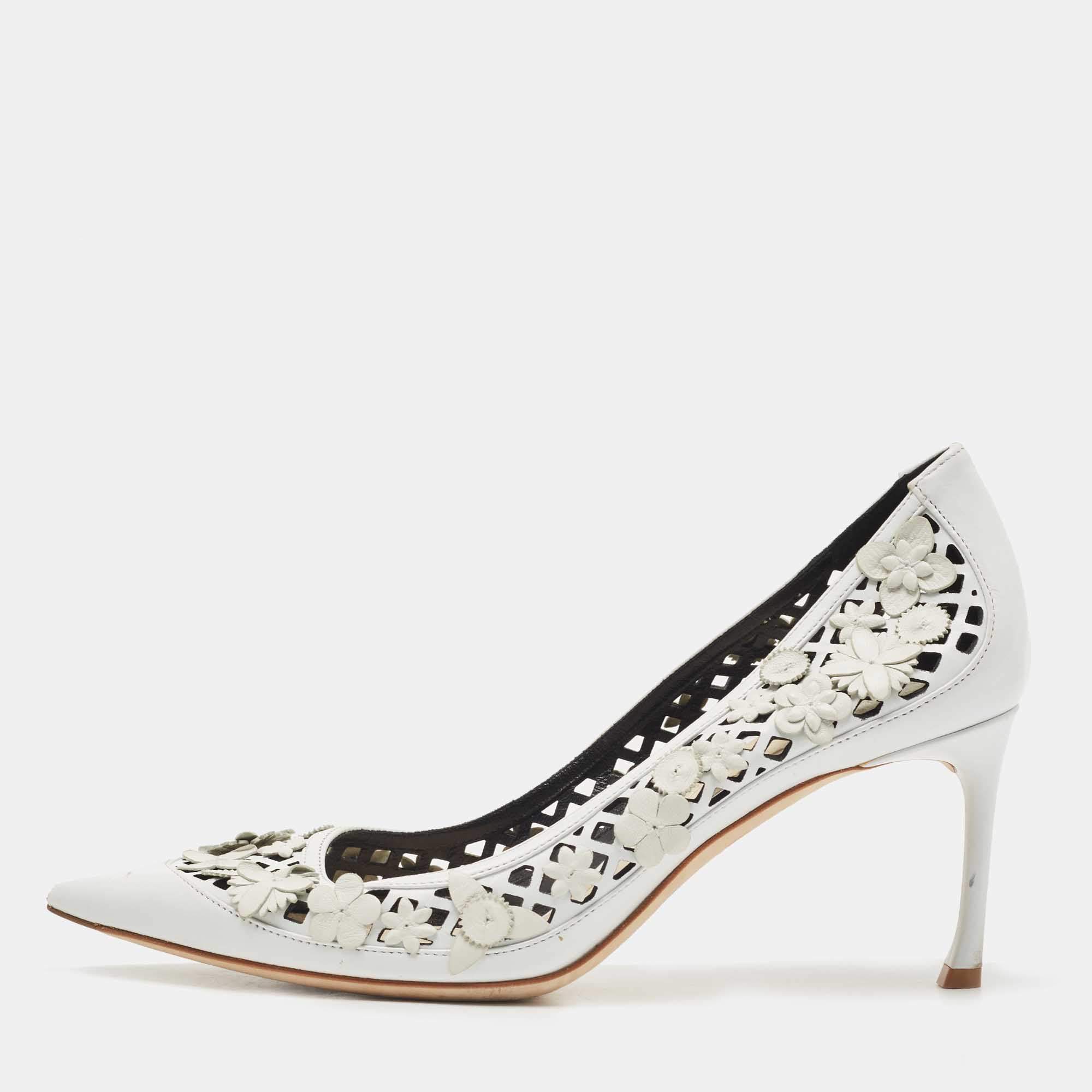 Pre Owned Dior White Laser Cut Leather Floral Applique Pumps Size 39.5