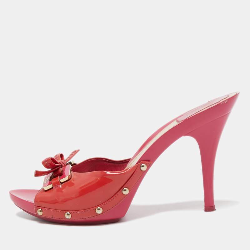 Dior Red Patent Leather Bow Open Toe Slide Sandals Size 41