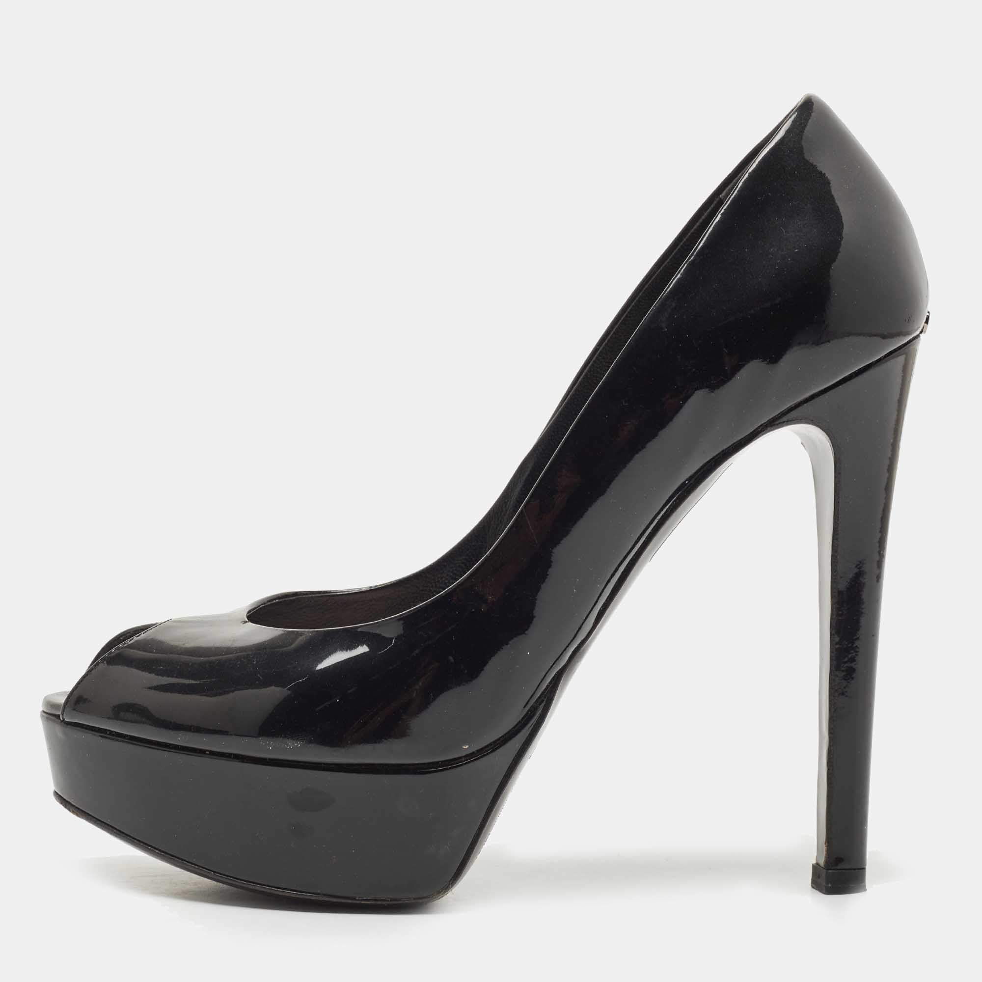 Dior Black Patent Leather Peep Toe Platform Pumps Size 37.5