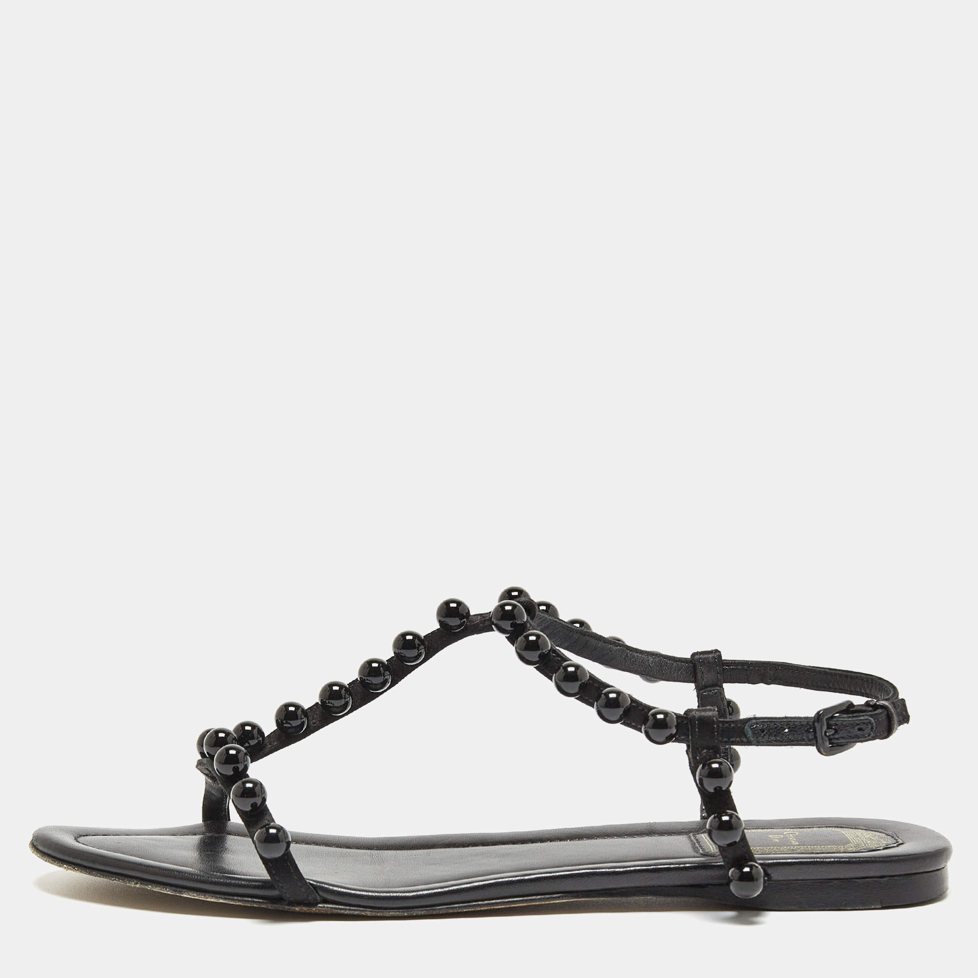 Pre Owned Dior Black Satin Pearl Embellished T Strap Flat Sandals Size 40