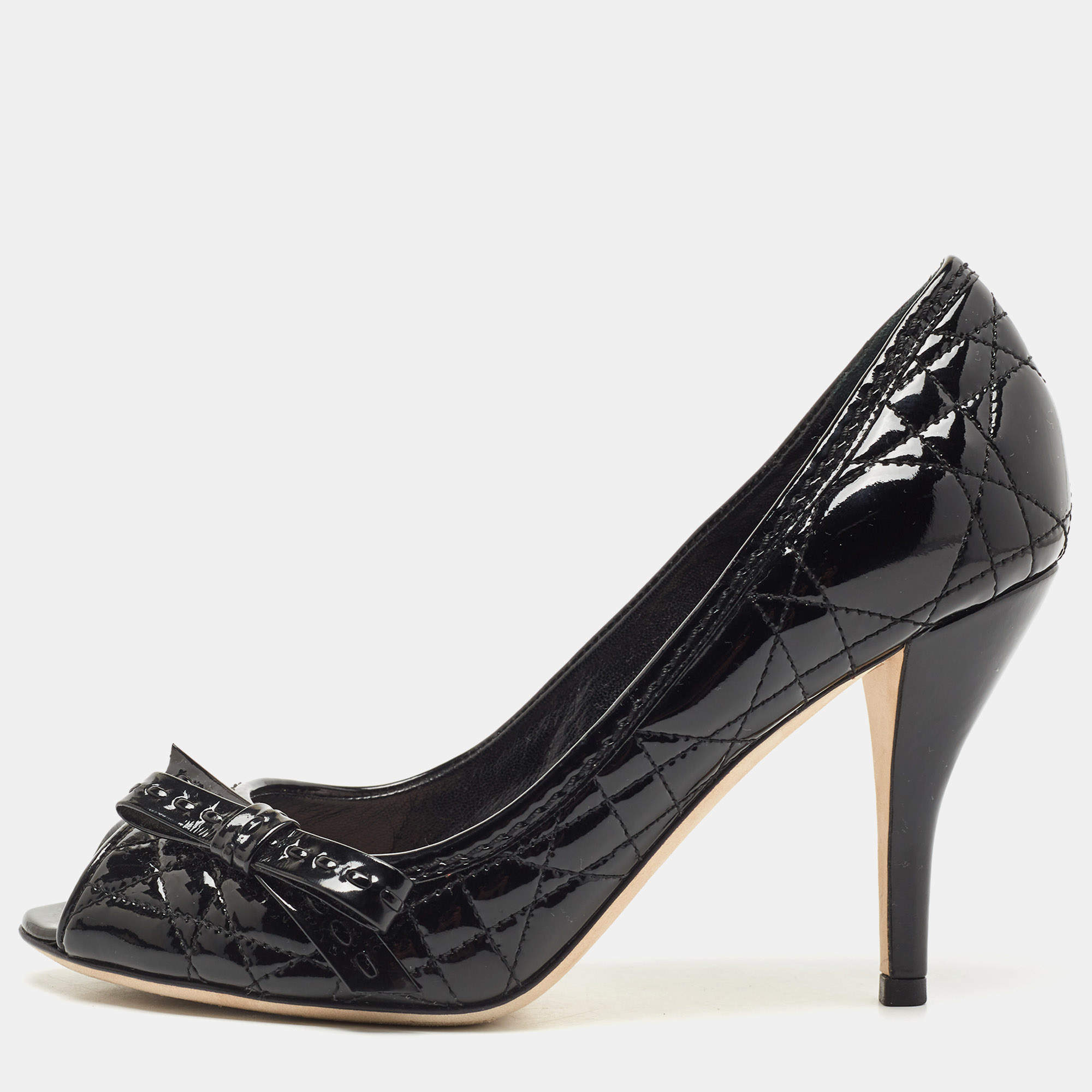 Pre Owned Dior Black Cannage Patent Leather Miss Dior Bow Peep Toe Pumps Size 35.5