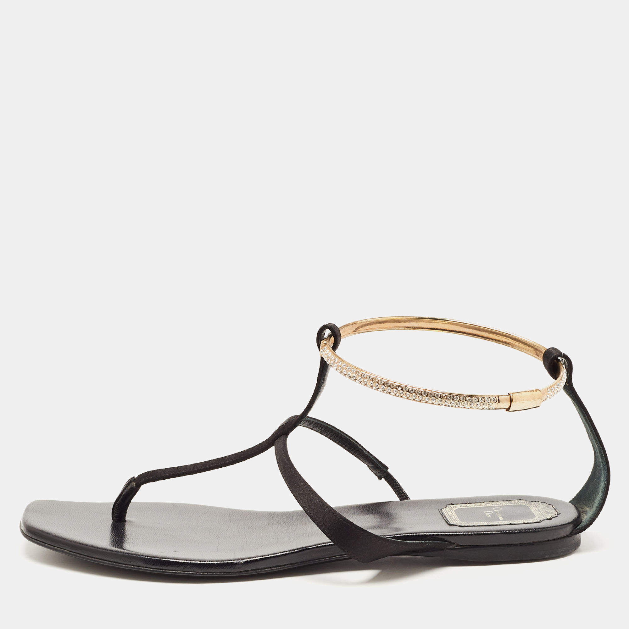 Pre Owned Dior Black Satin Embellished T Strap Flat Sandals Size 39