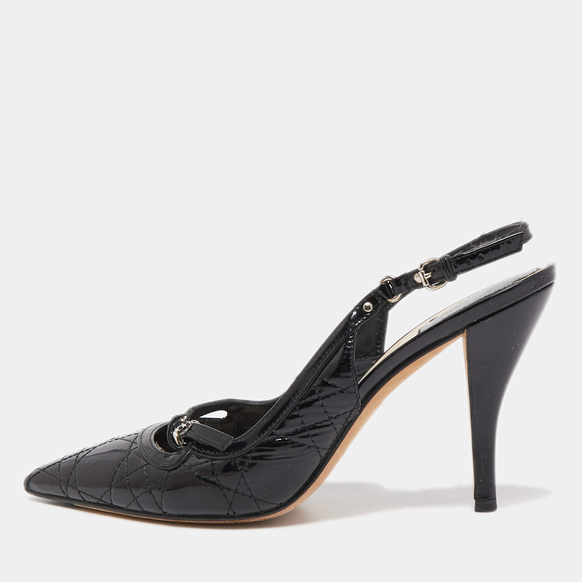 Dior Black Cannage Patent and Leather Bow CD Logo Slingback Pumps Size 38
