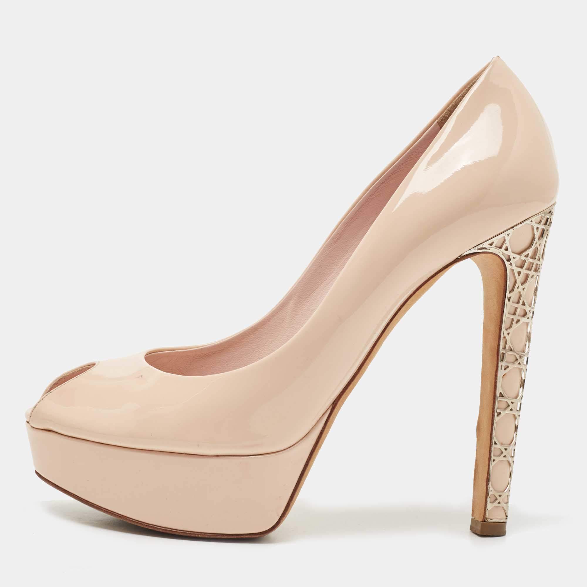 Dior Light Pink Patent Leather Peep Toe Cannage Heel Platform Pumps Size 37.5