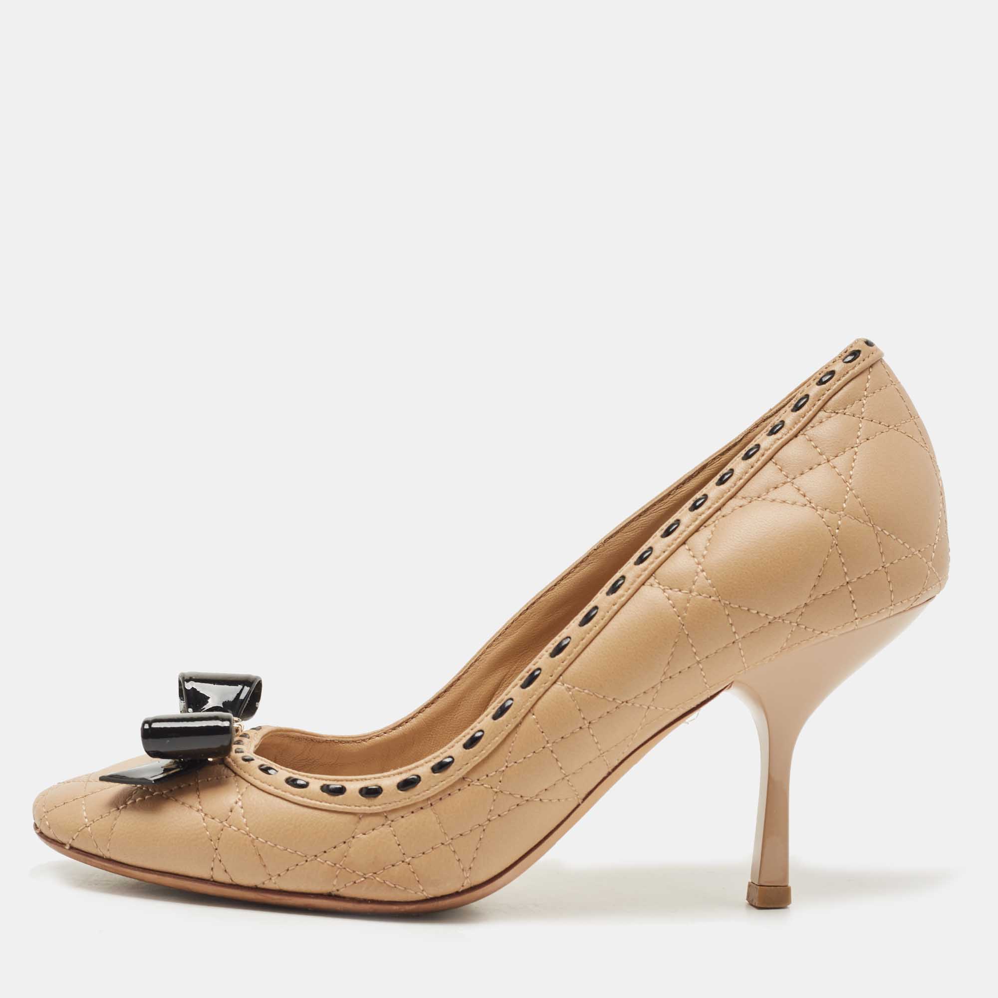 Pre Owned Dior Beige Cannage Leather Bow Detail Pumps Size 37