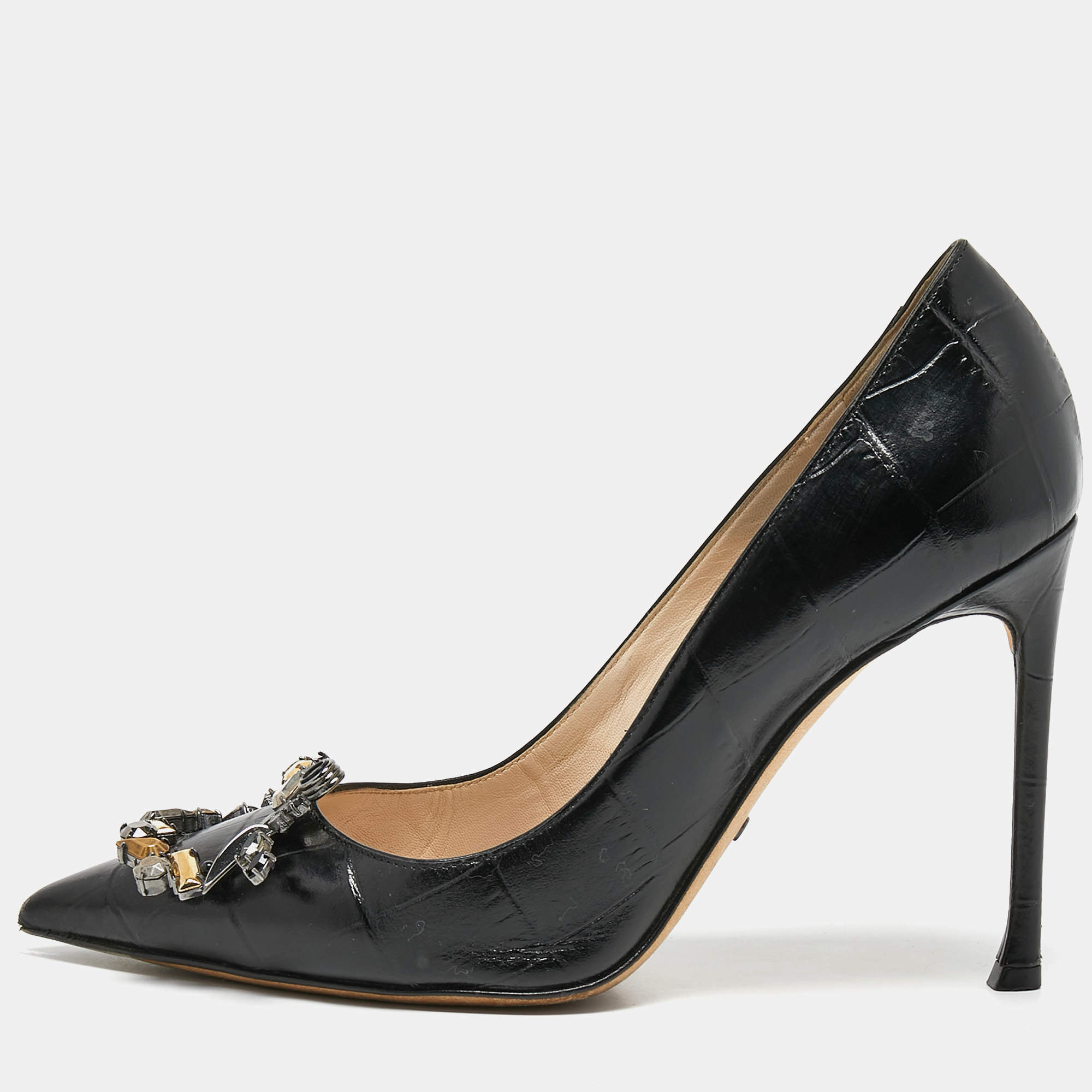 Pre Owned Dior Black Croc Embossed Leather Dior Pointed Toe Pumps Size 38.5