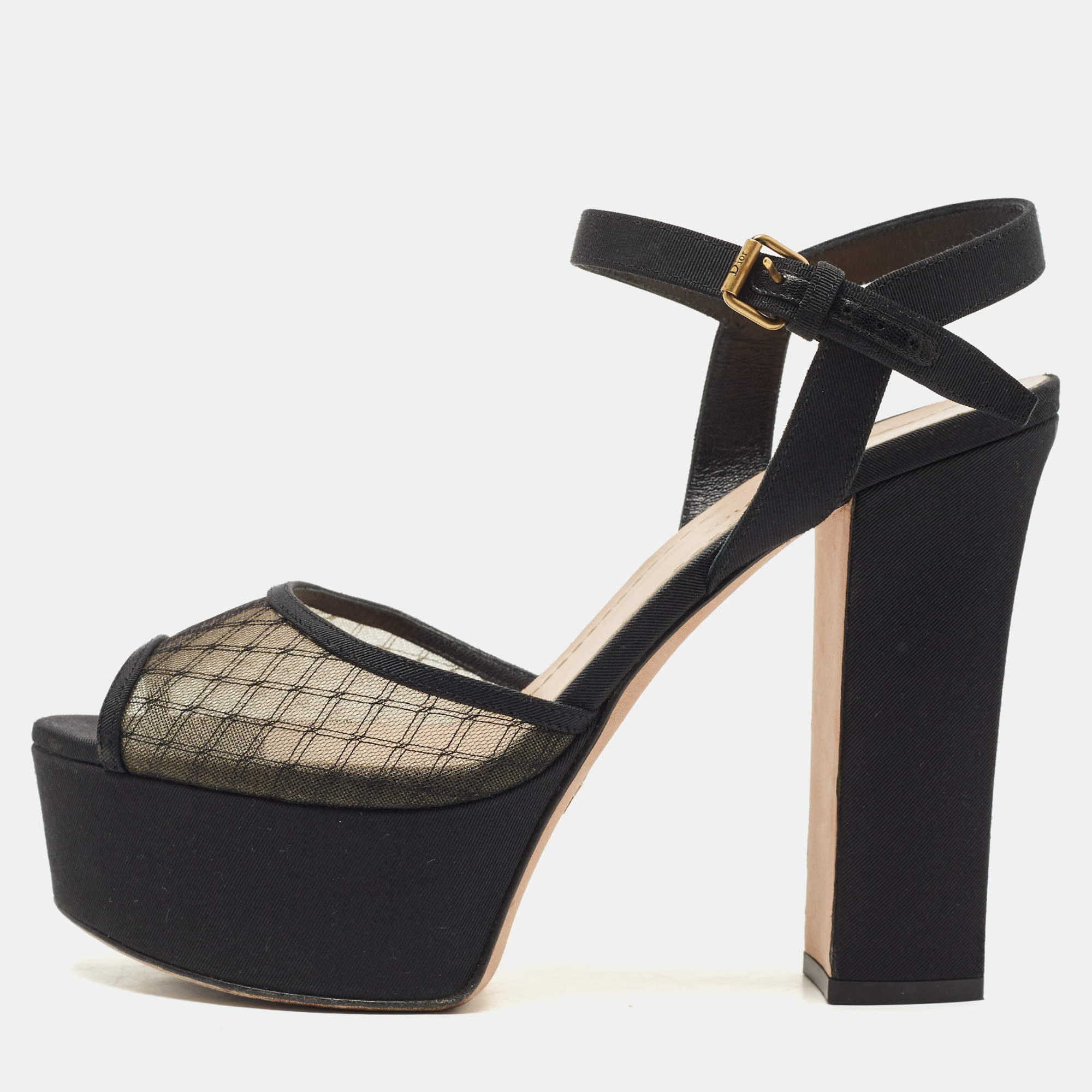 Dior Black Mesh and Canvas Platform Ankle Strap Sandals Size 38