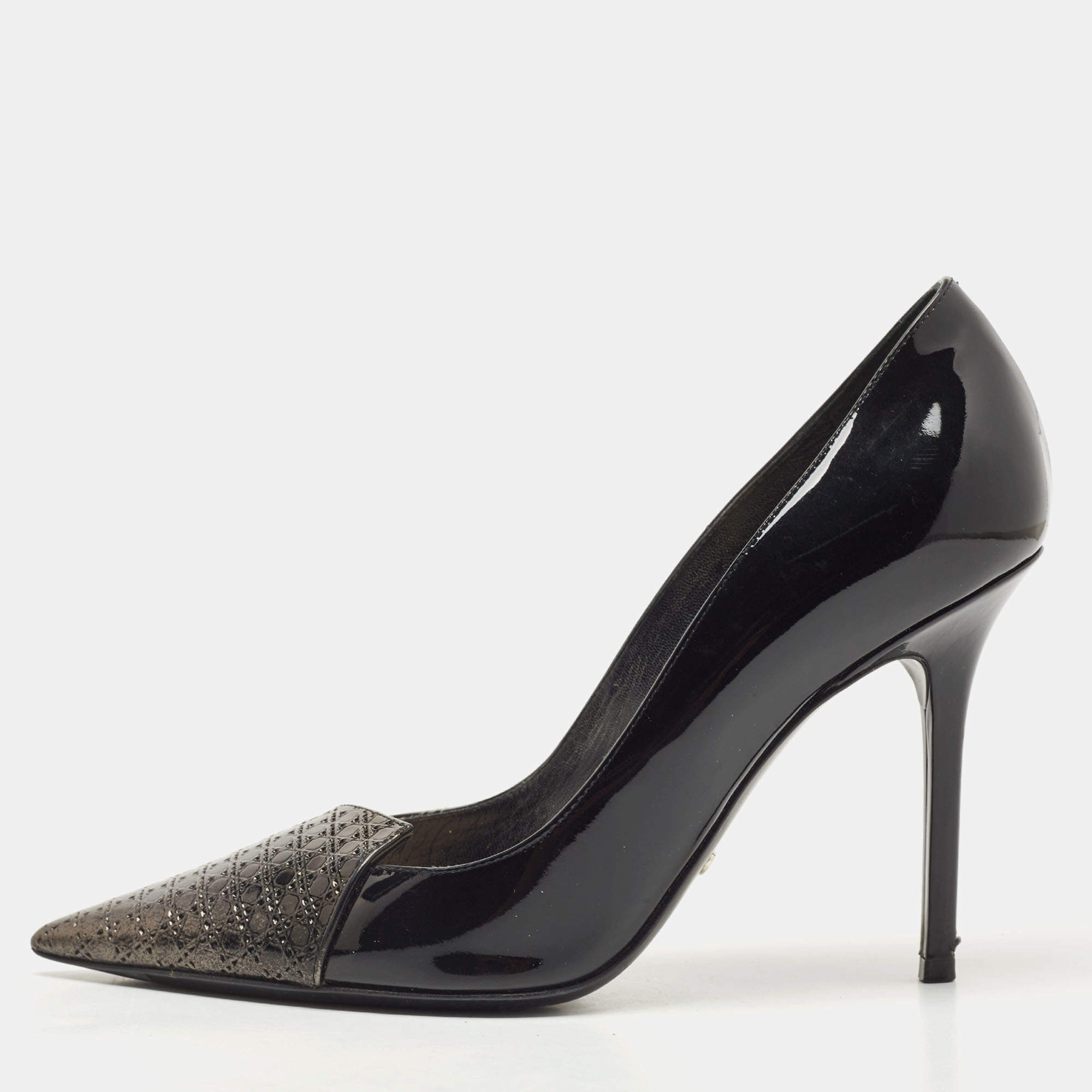 Pre Owned Dior Black Patent Leather Cannage Cap Toe Spade Pumps Size 38