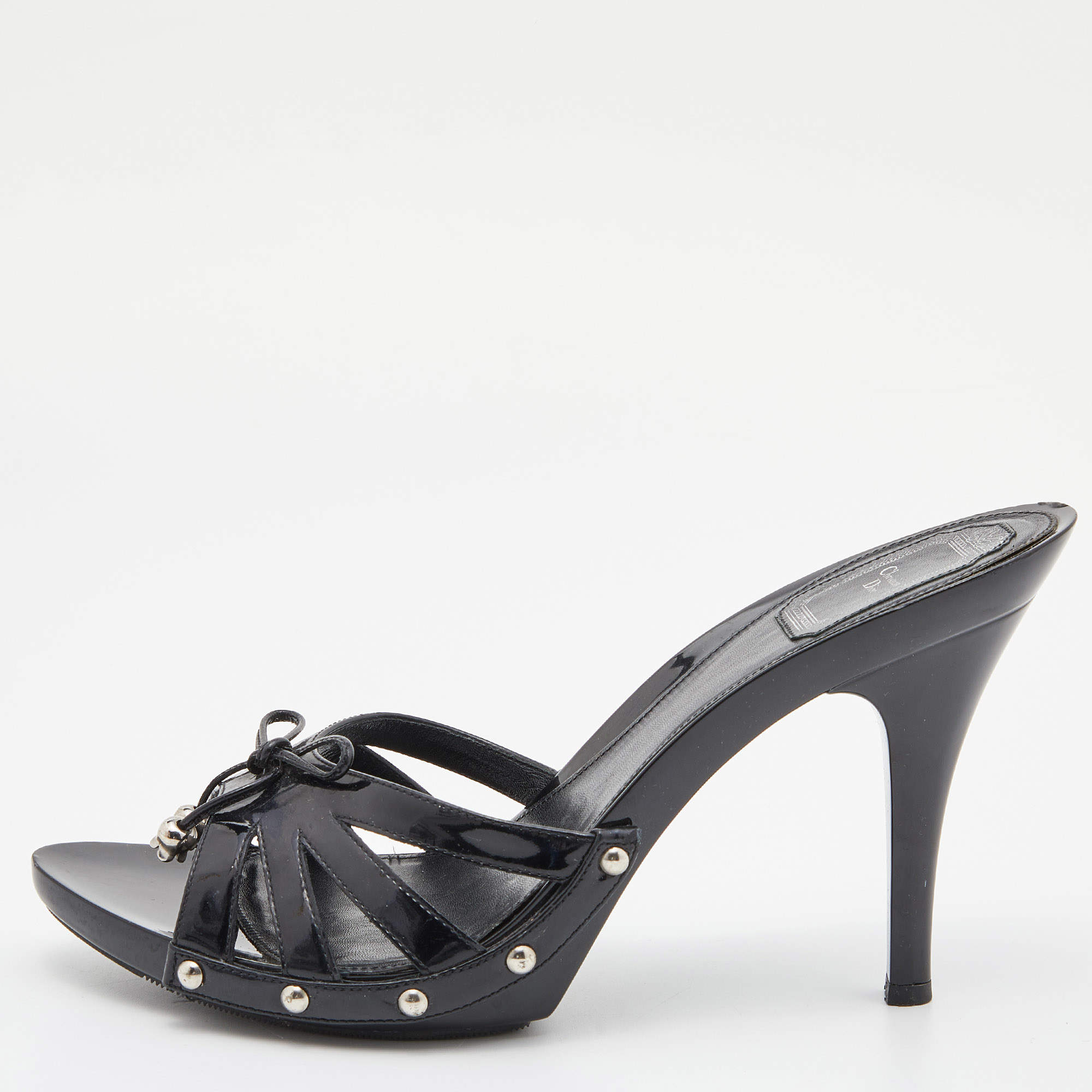 Dior Black Patent Leather Bow Strappy Slide Sandals Size 42