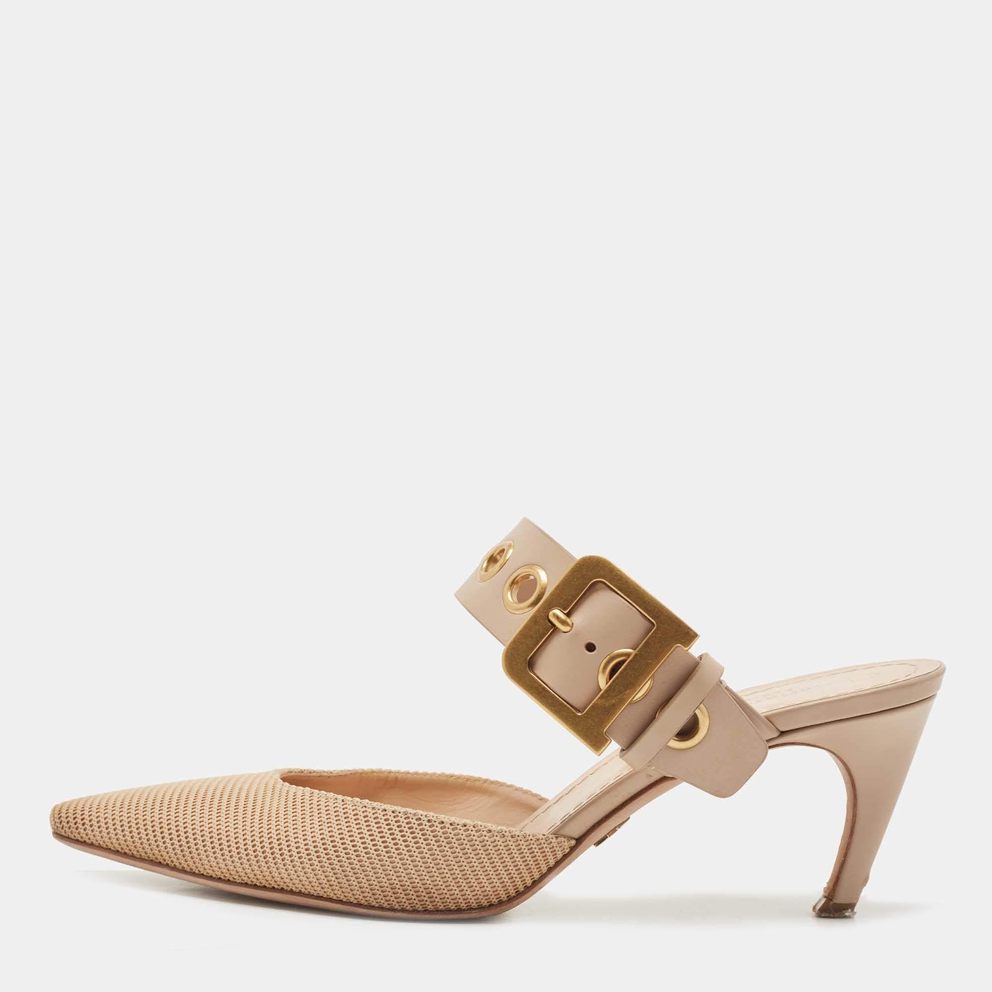 Dior Beige Mesh and Leather D Dior Mules Size 39