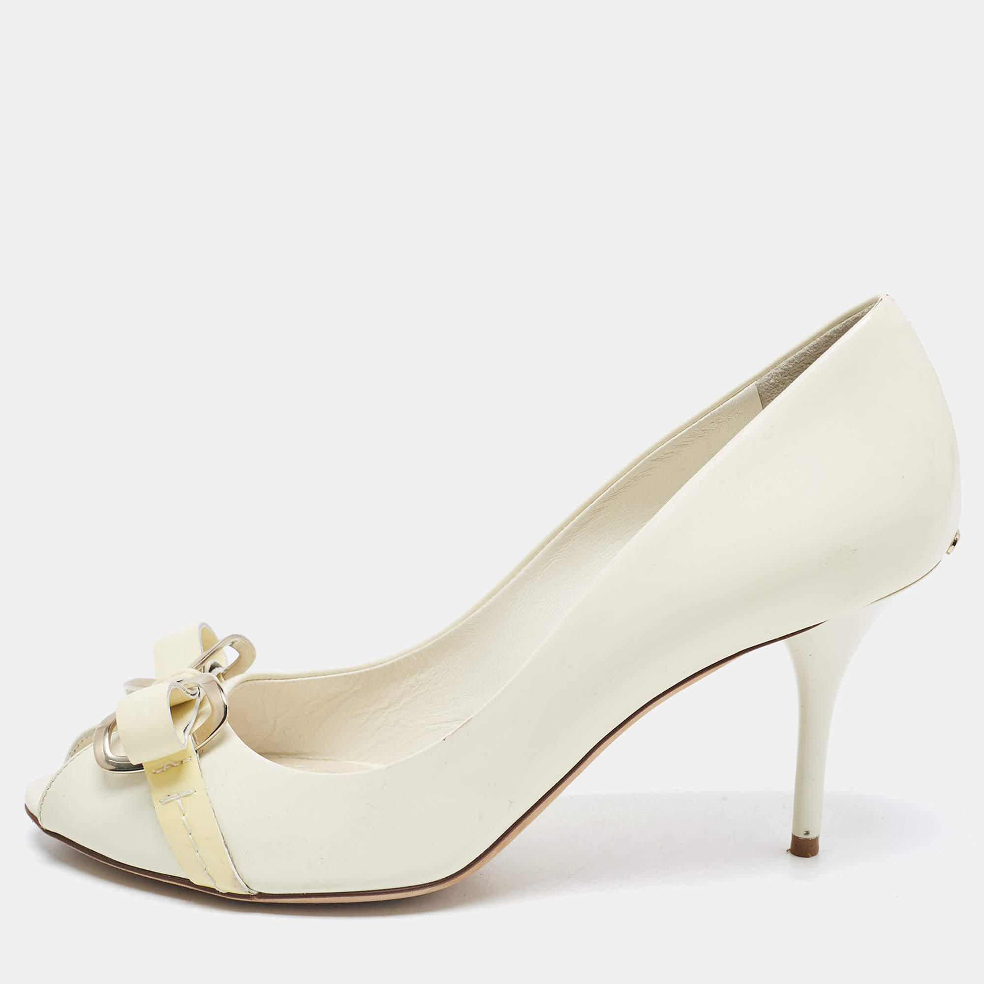 Dior Cream Patent Peep Toe Bow Pumps Size 37