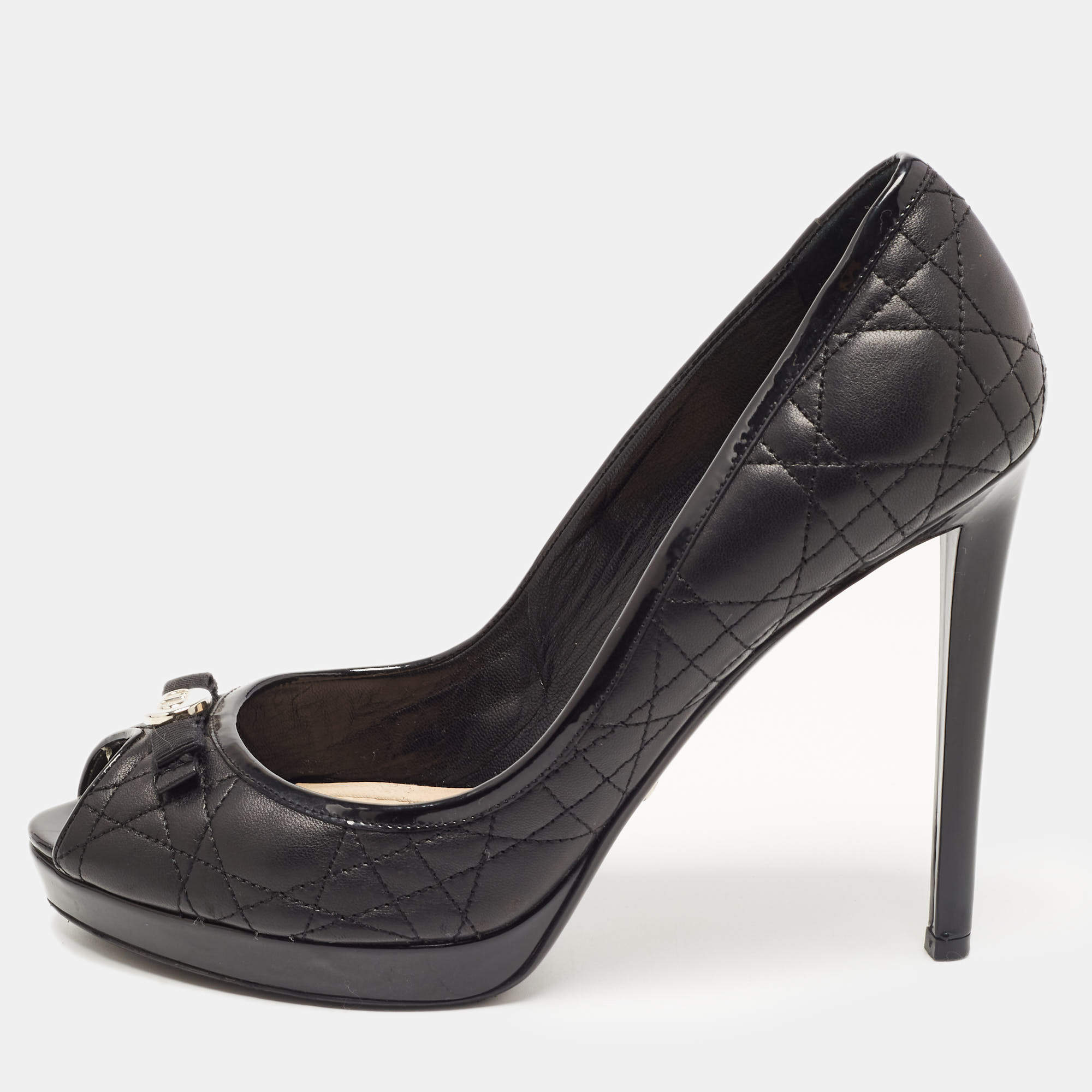 Pre Owned Dior Black Cannage Leather Bow Peep Toe Platform Pumps Size 40