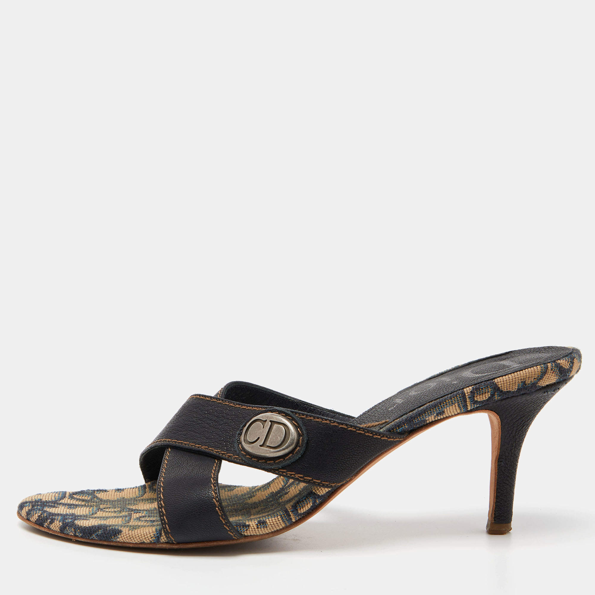 Dior Navy Blue Leather Cross Strap Slide Sandals Size 39
