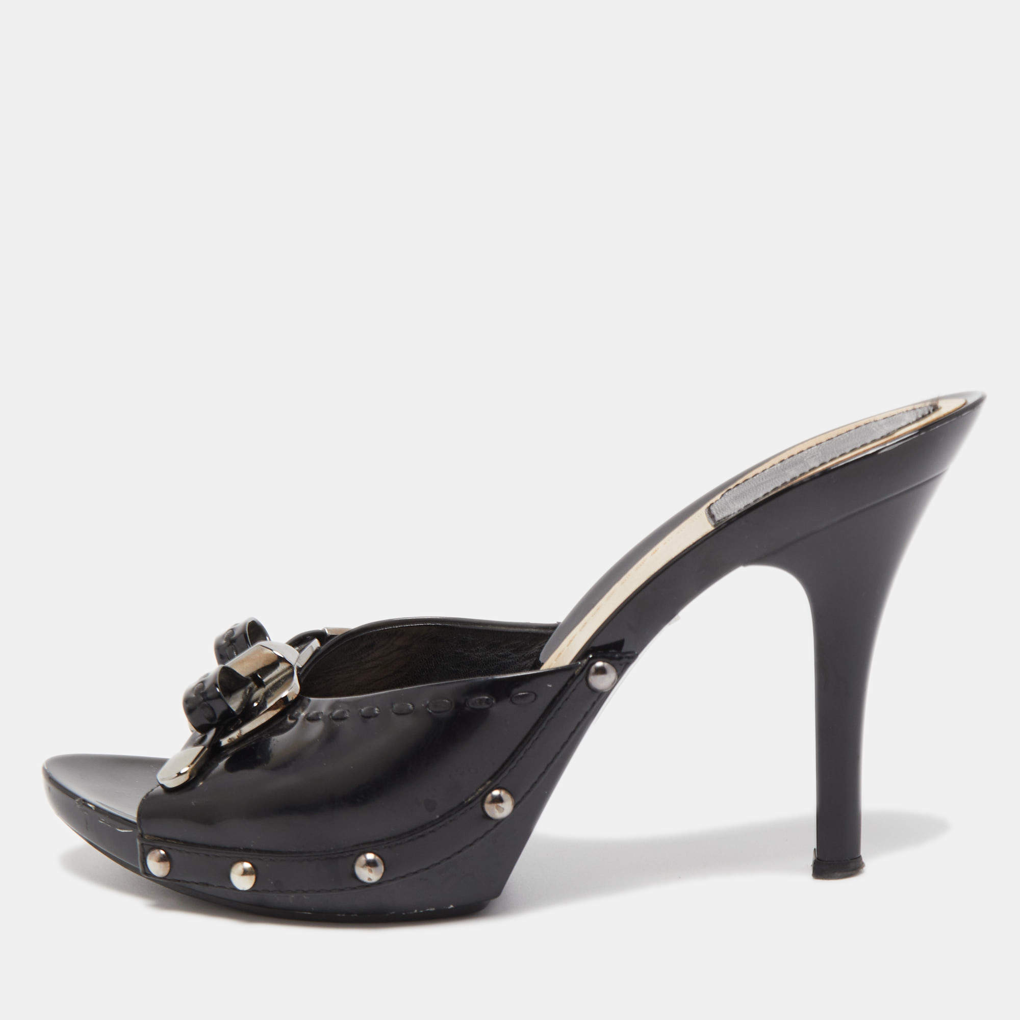 Dior Black Cannage Patent Bow Slide Sandals Size 38.5
