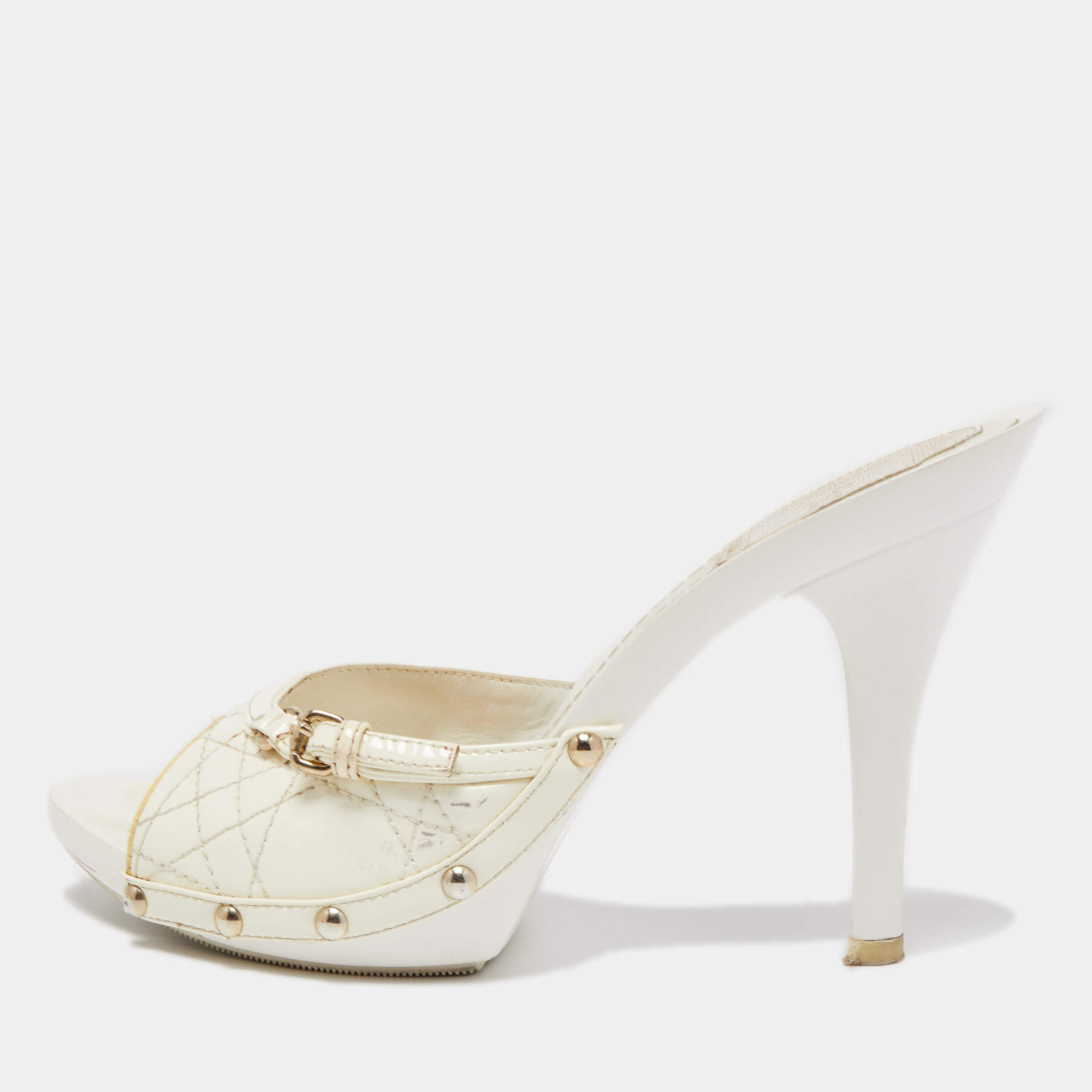 Dior White Quilted Patent Leather Clogs Size 37